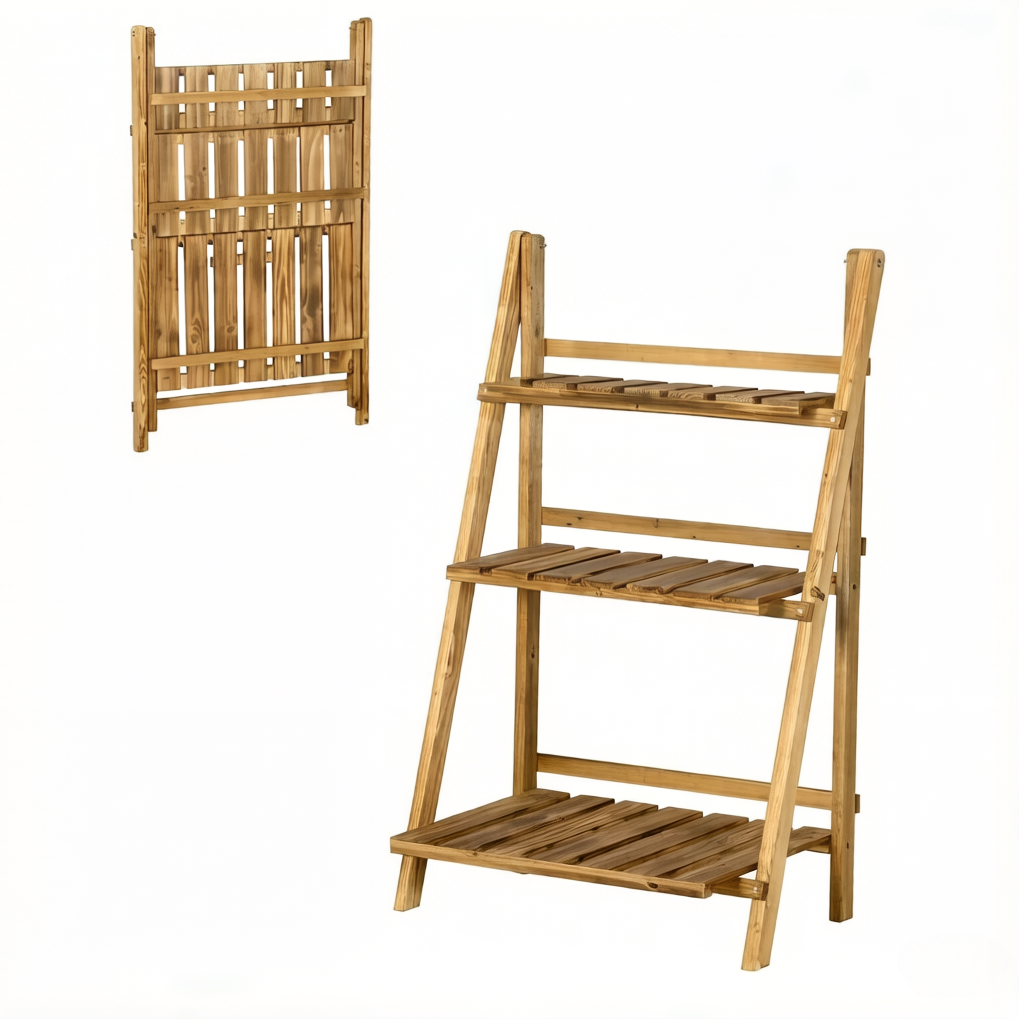 Klappbares Pflanzenregal Aus Tannenholz, 3 Ebenen, Braun, 60 X 37 X 93 Cm