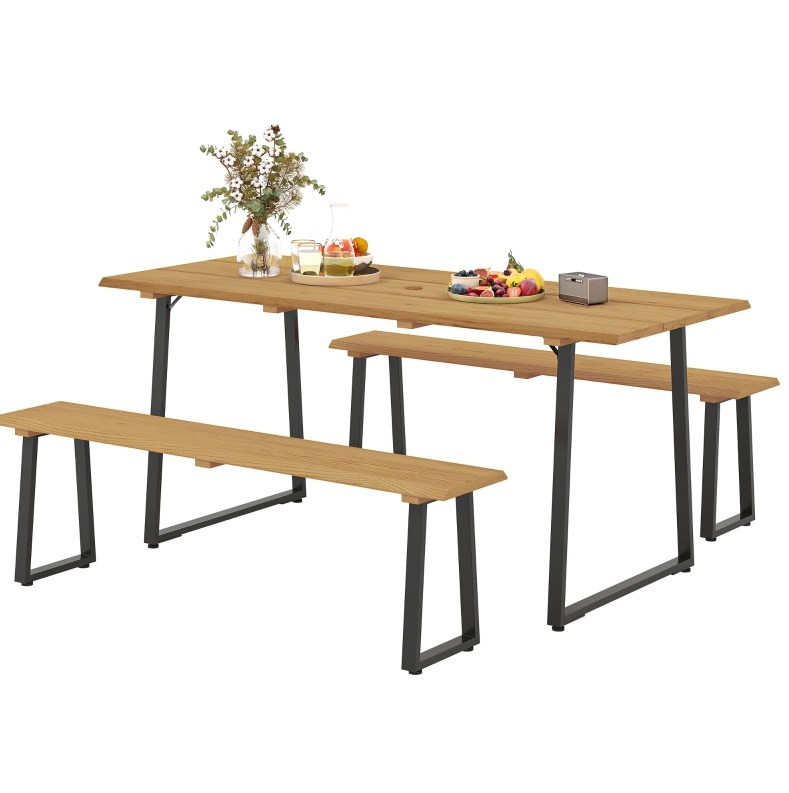 3-teiliges Gartentisch-set Aus Holz Und Stahl Für 6 Personen, 178 Cm, Mit Schirmloch