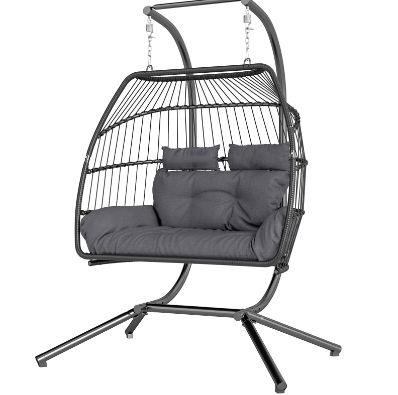 Hängesessel Mit Klappbarem Gestell Aus Polyrattan, Dunkelgrau, Mit Kissen, 170 X 100 X 185 Cm