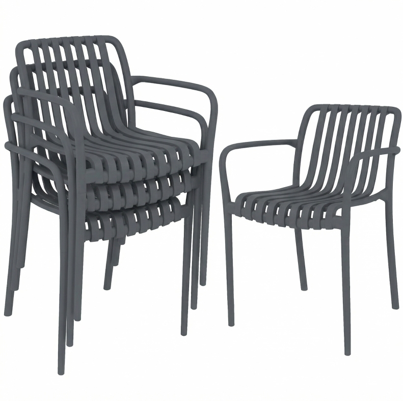 Set Aus 4 Stapelbaren Gartenstühlen Aus Kunststoff In Dunkelgrau Mit Armlehnen