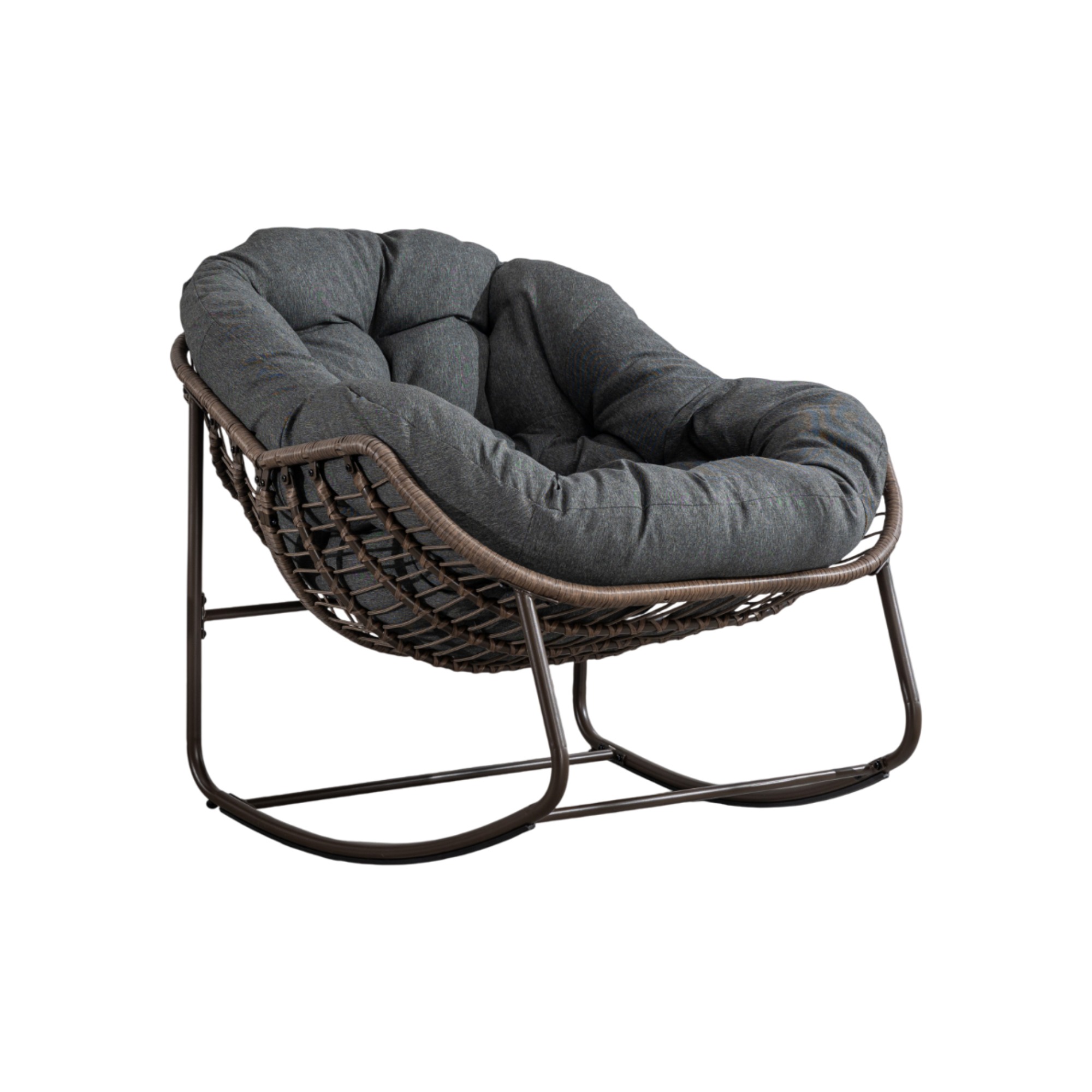 Outdoor-schaukelstuhl Aus Polyrattan Mit Dickem Dunkelgrauem Kissen