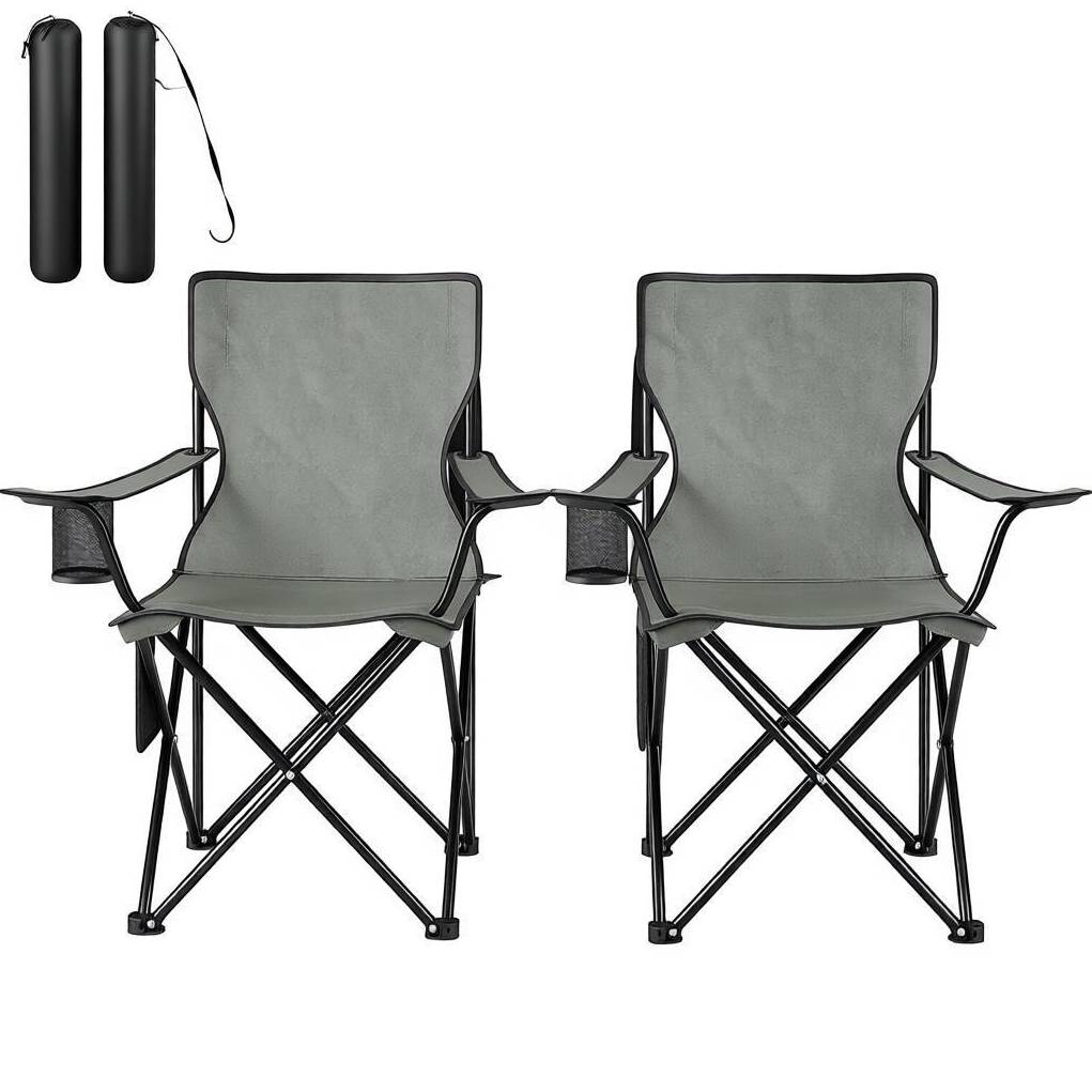 Set Mit 2 Klappbaren Campingstühlen Mit Getränkehalter Und Netzseitentasche, Dunkelgrau