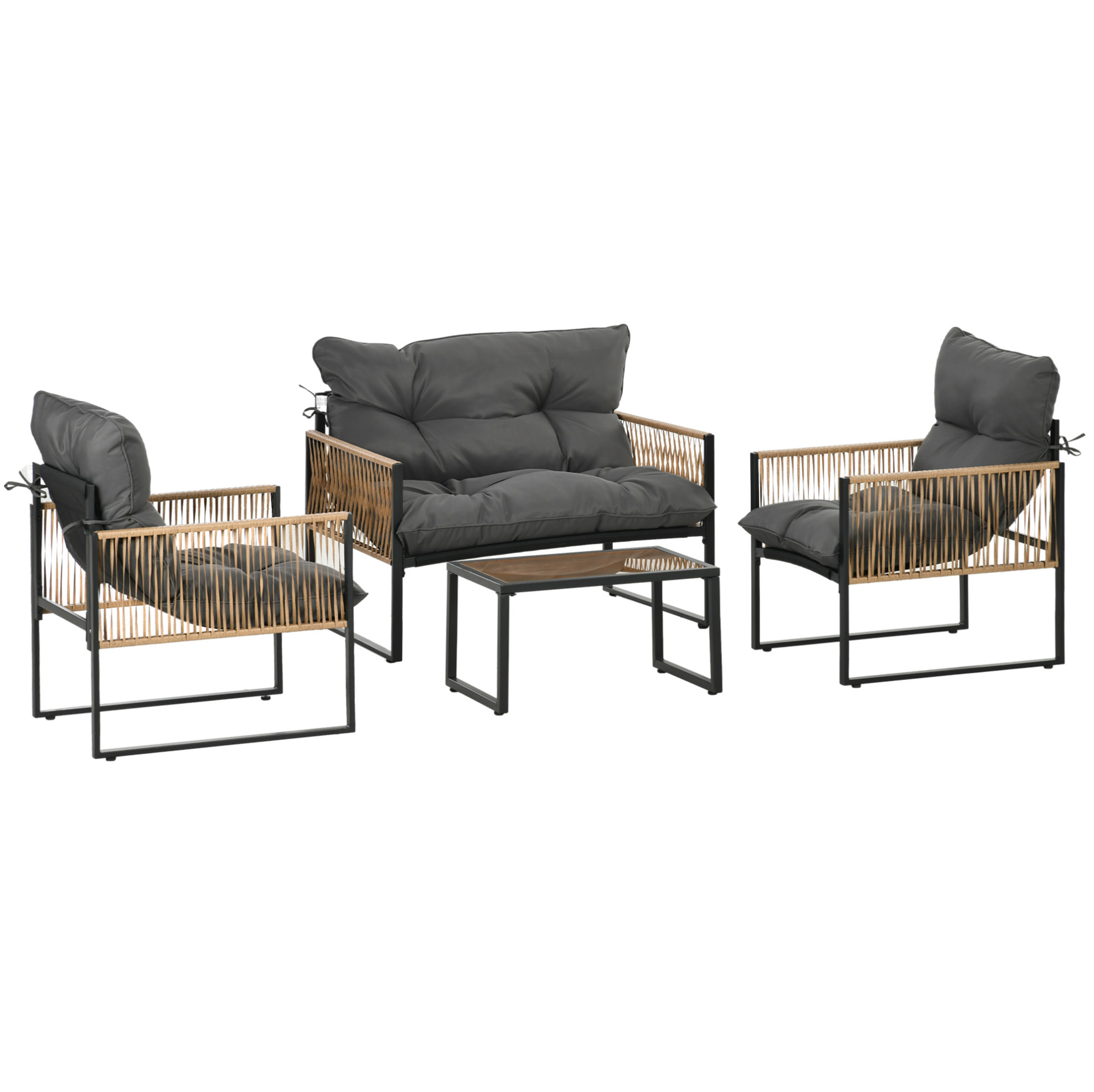 4-teiliges Garten-lounge-set Aus Polyrattan Mit Kissen, Glastisch, Anthrazit