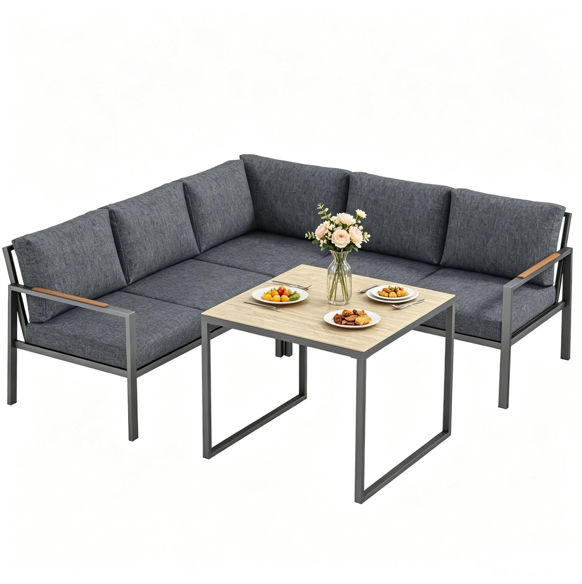 Dunkelgraues Ecksofa-set Für Den Außenbereich Mit Glastisch, Modenuit