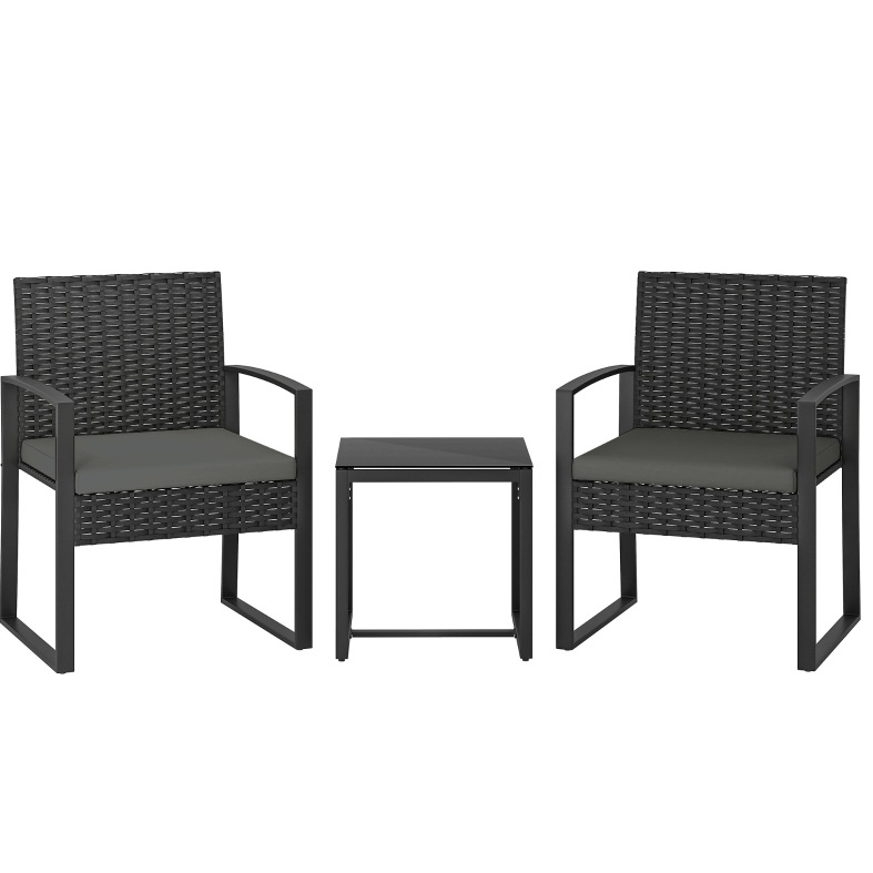 3-teiliges Bistrot-gartenmöbelset Aus Polyrattan, Dunkelgrau, Mit Kissen Und Glastisch