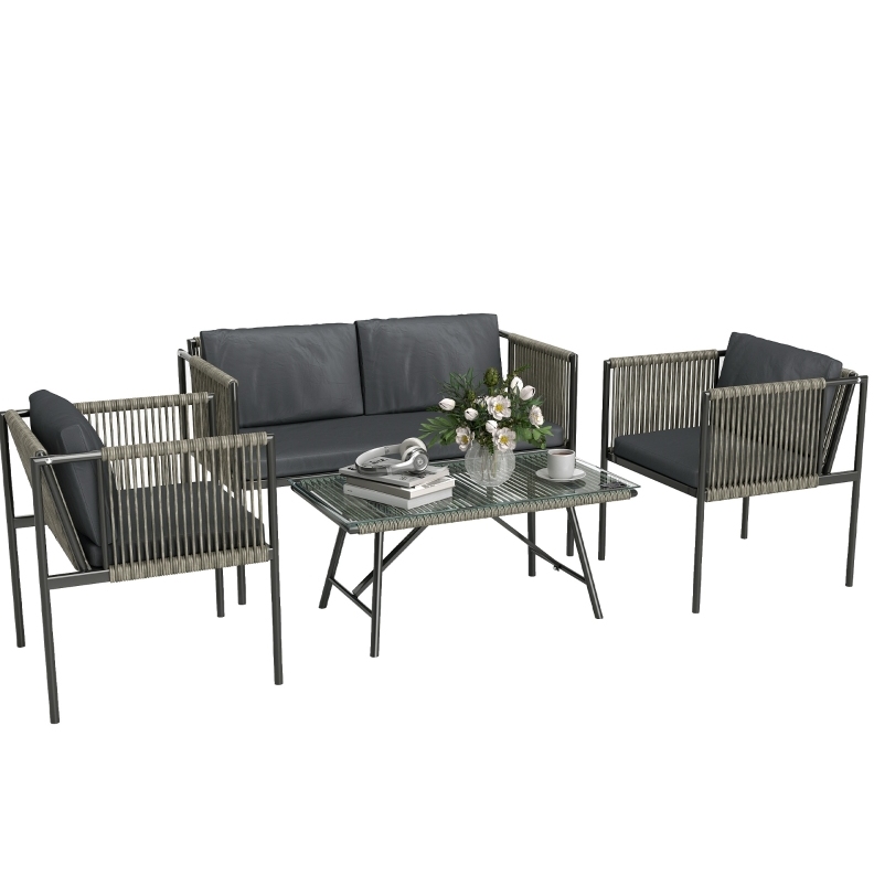 4-teiliges Garten-set Aus Polyrattan, Grau, Mit Tisch Aus Sicherheitsglas