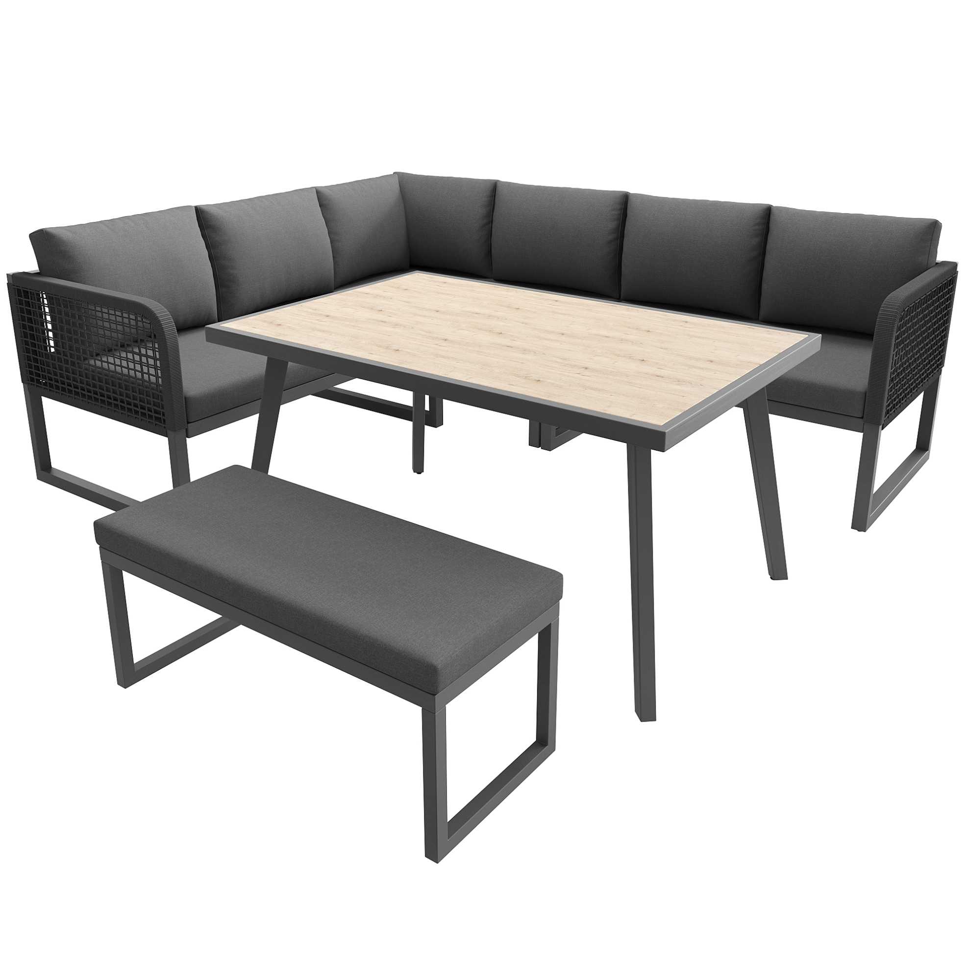 Modulare Gartenlounge Aus Grauem Pe-rattan Mit Kissen Und Tisch, 6-8 Personen
