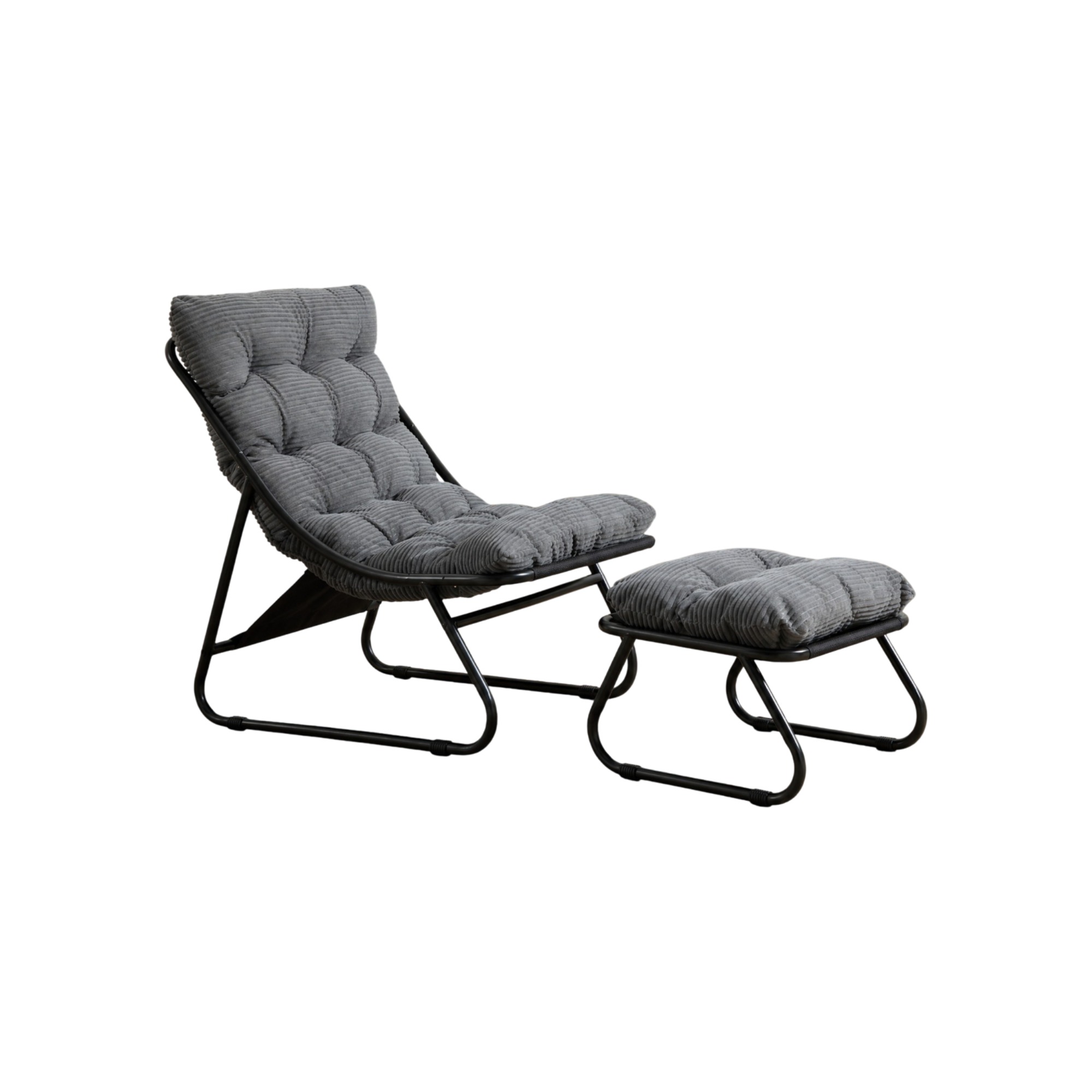 Lounge-sessel Für Draußen Mit Ottomane Aus Stahl, Graues Kissen, Schwarz