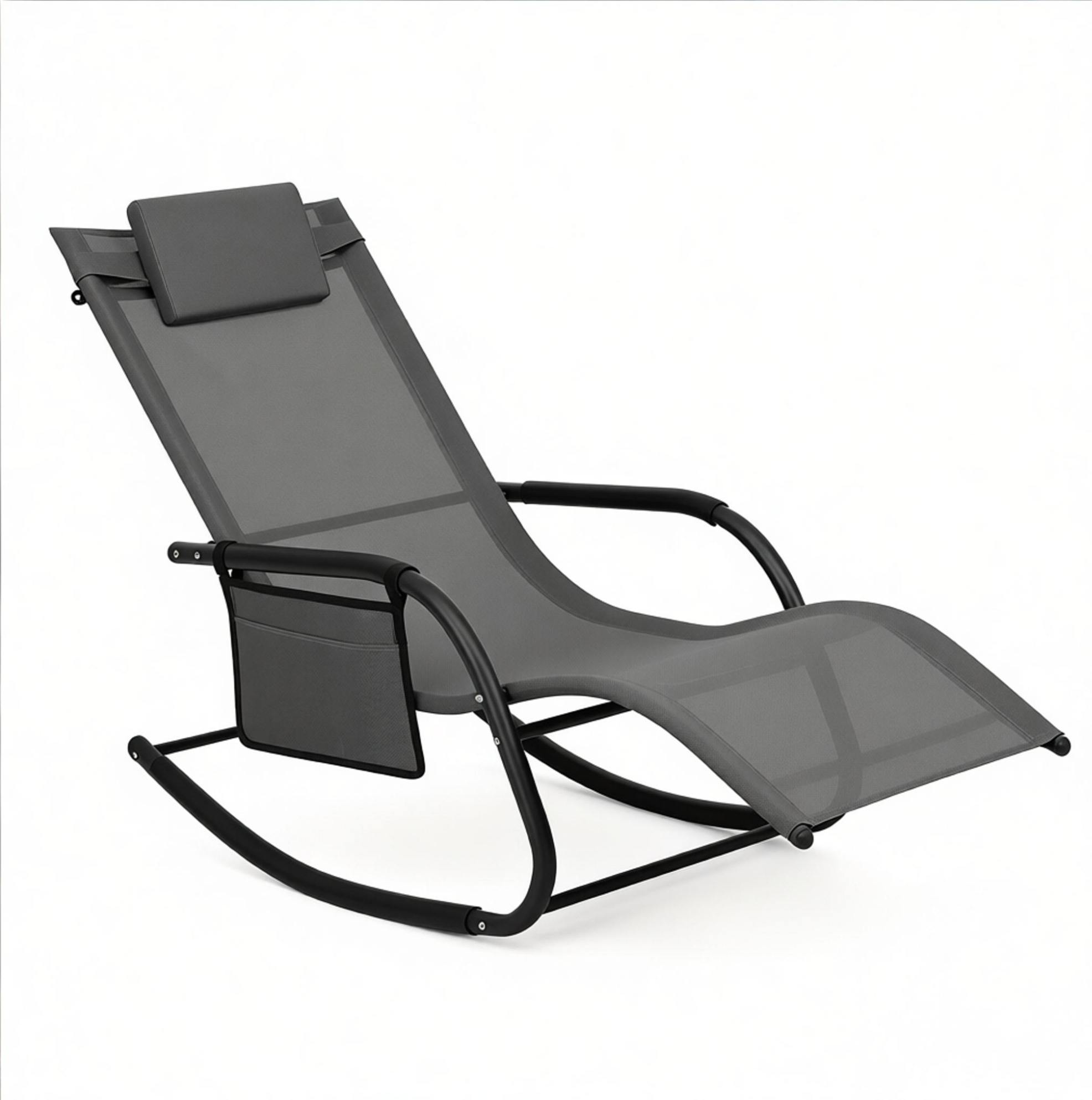 Outdoor-schaukel-liegestuhl Mit Seitentasche, Metall Und Grauem Polyestergewebe