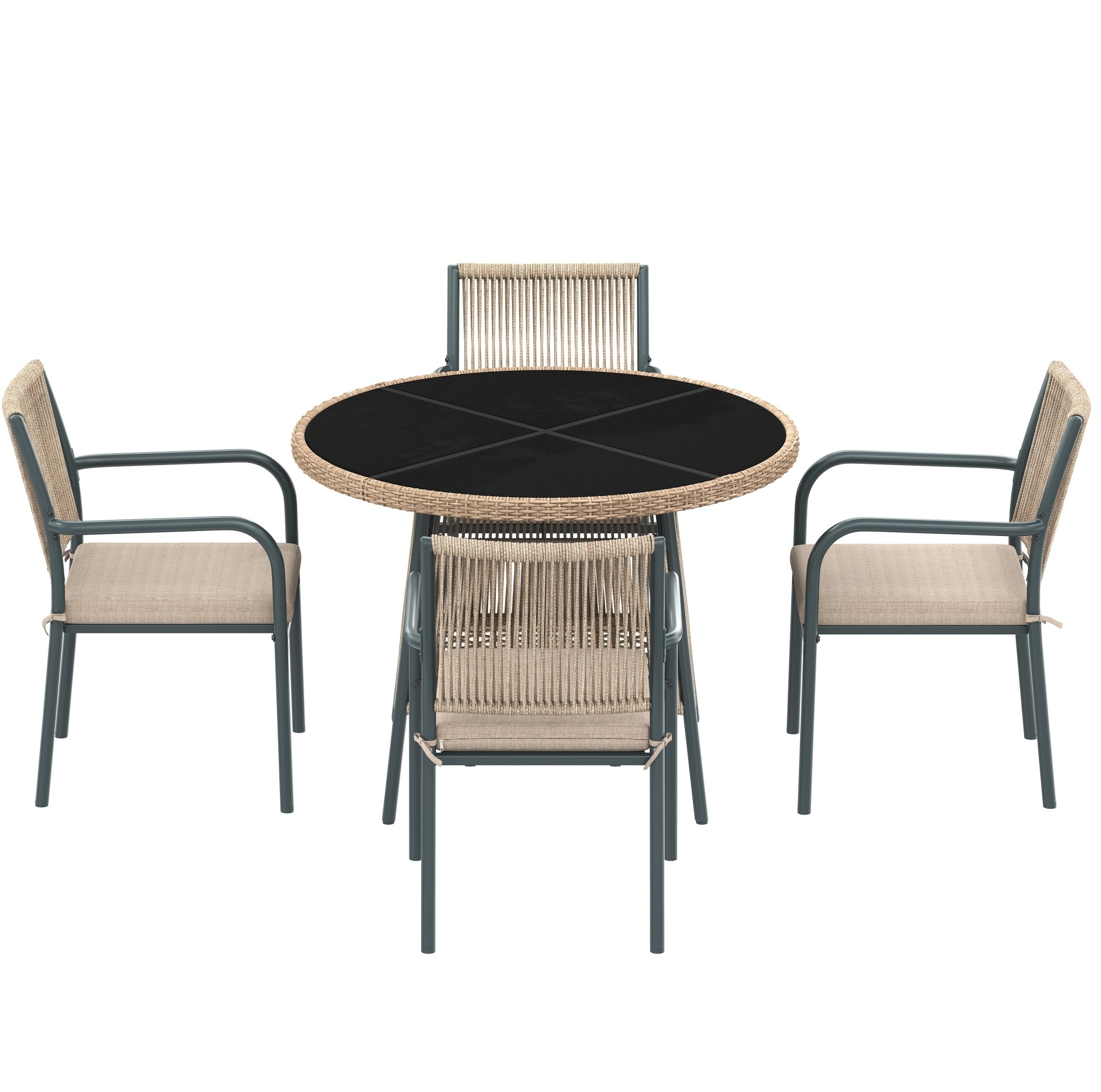 5-teiliges Gartenmöbel-set Grau Mit Rundem Glastisch Und 4 Armlehnstühlen