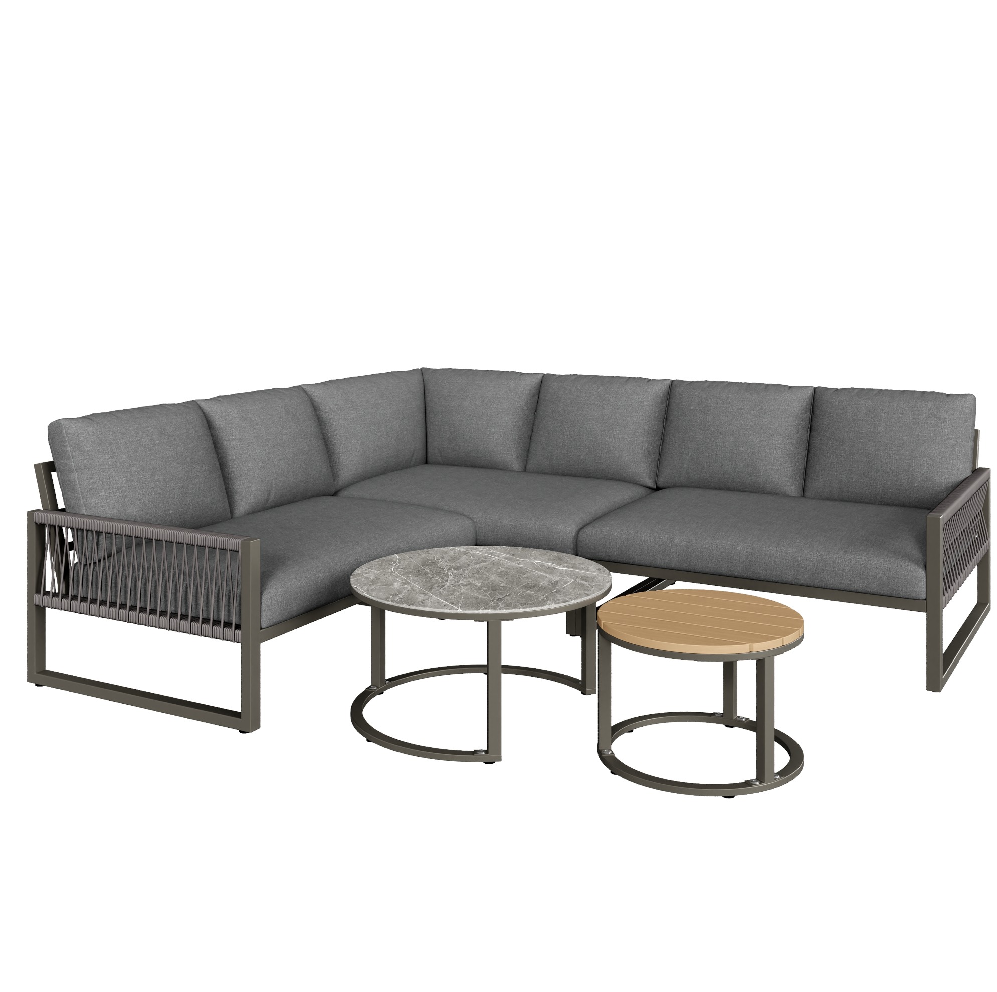 Eck-gartenmöbel-set Für 6-7 Personen Mit Tischen Und Grauen Kissen