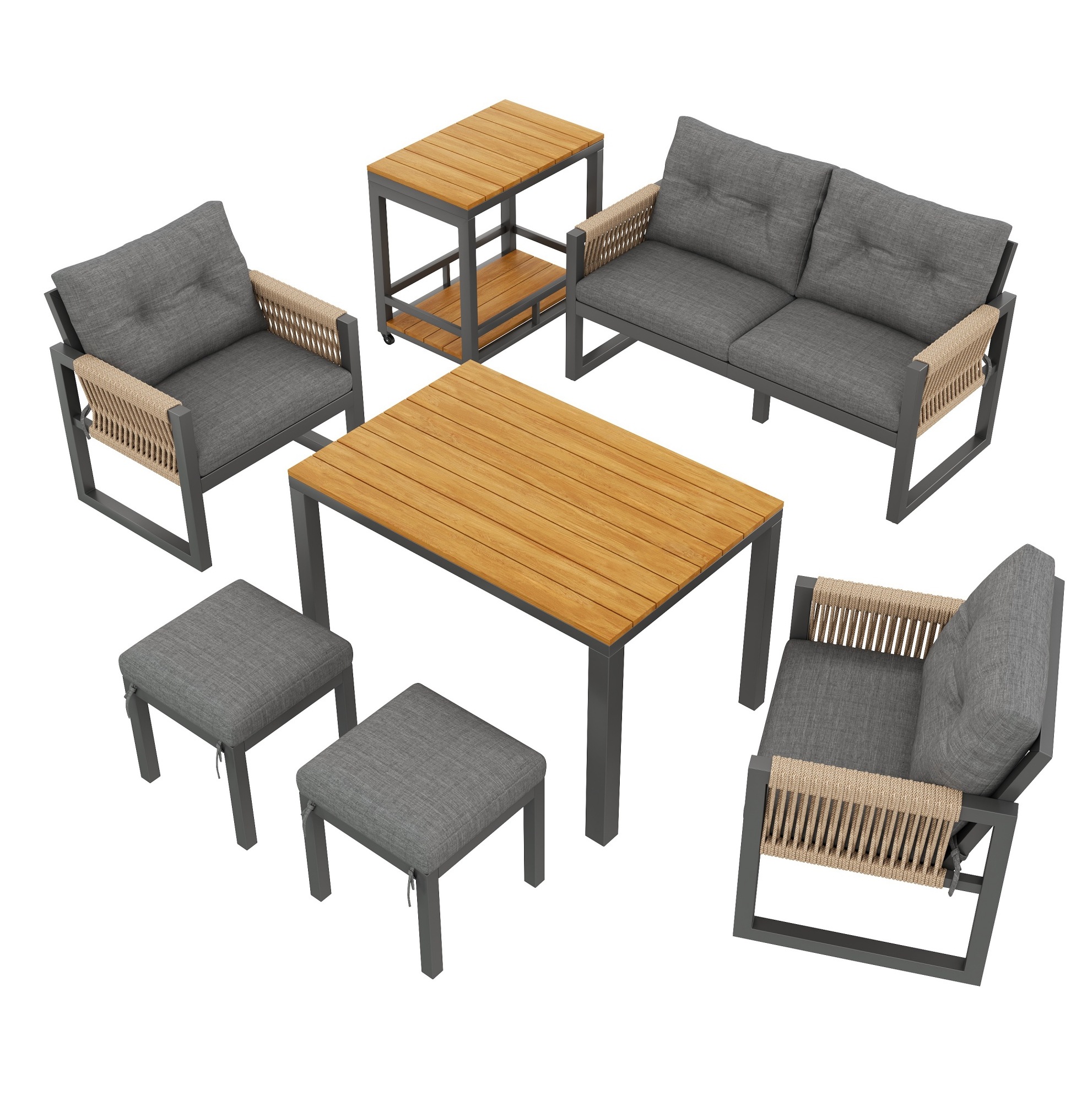 Garten-lounge-set Mit Abnehmbarem Tisch, Eisen Und Geflochtenen Seilen, Grau/natur