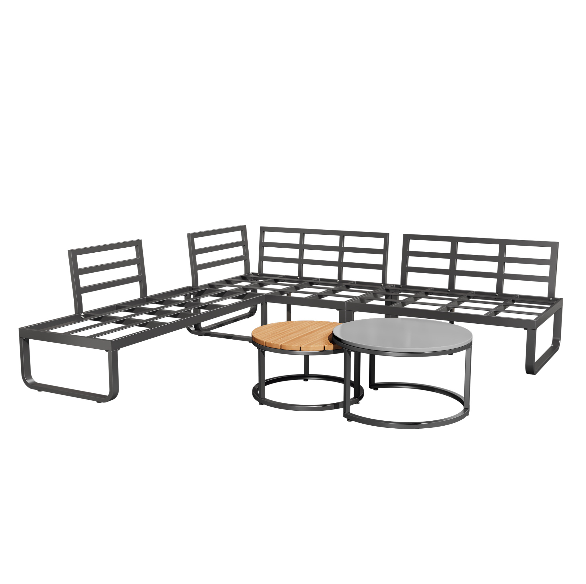 Graues Gartenmöbel-set Aus Eisen Mit 2 Stapelbaren Tischen Und Kissen
