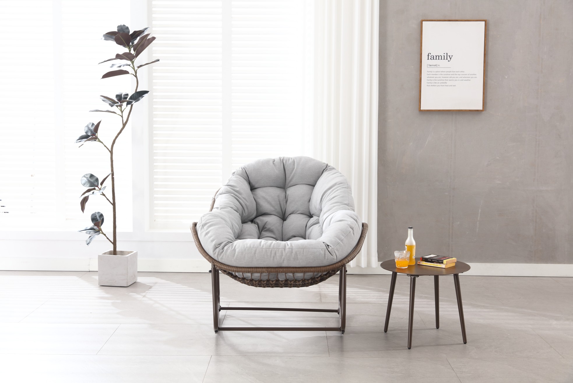 Eierförmiger Hängesessel Aus Rattan Mit Dickem Kissen, 78x106x90 Cm, Grau