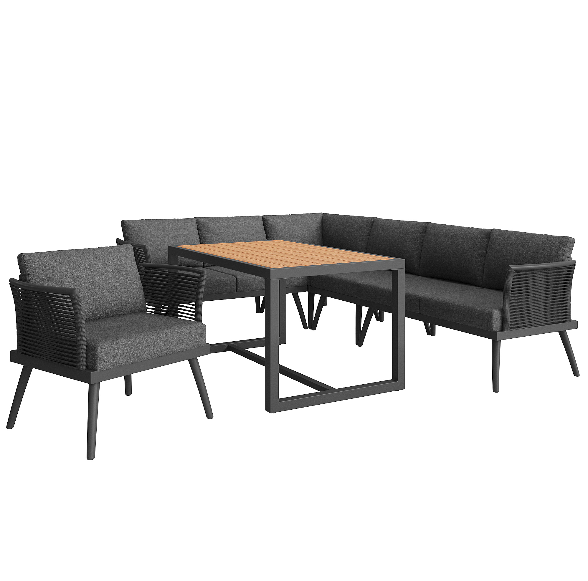 Eck-gartenlounge-set Für 7 Personen Mit Tisch Aus Wpc, Sessel Und Grauen Kissen