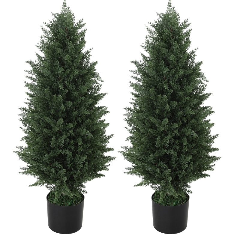 Set Mit 2 Künstlichen Zypressen 90 Cm Aus Kunststoff Mit Topf, Uv-beständig, Grün