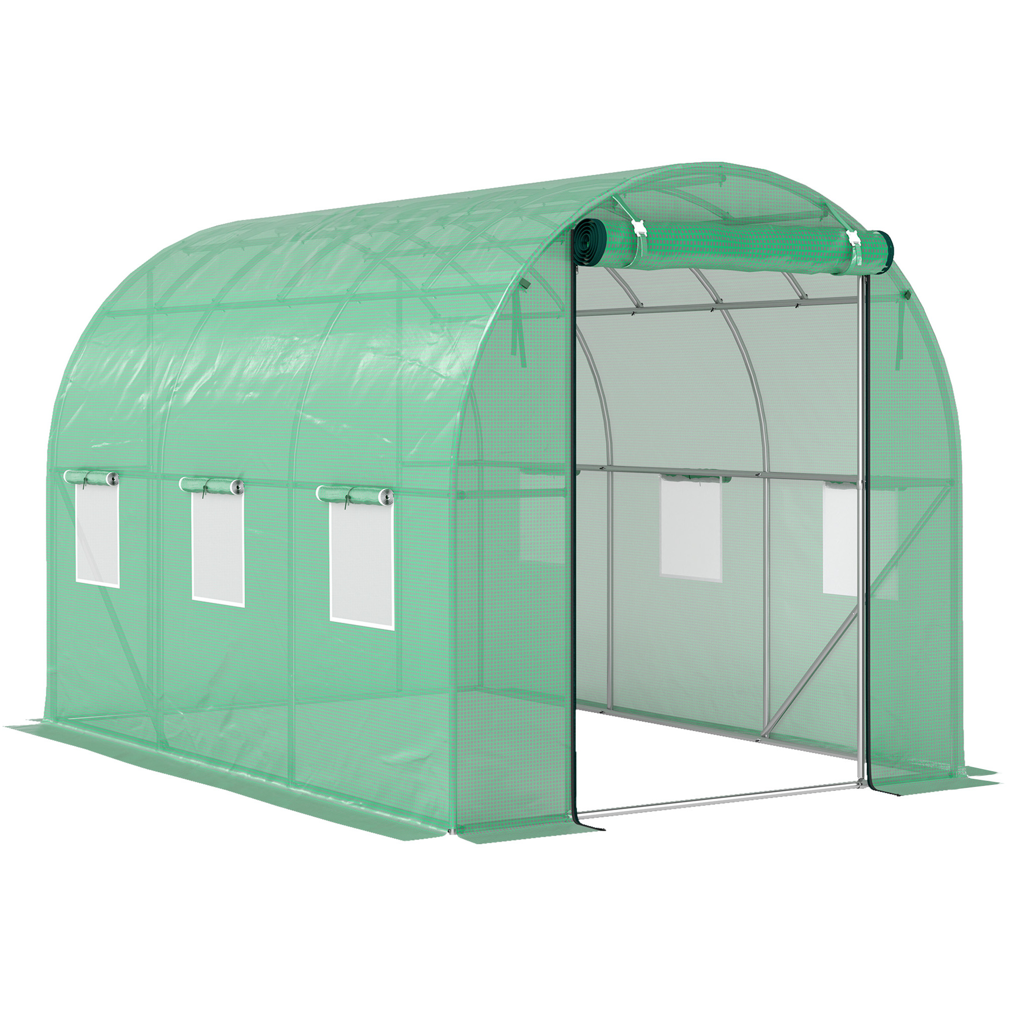 Grünes Tunnelgewächshaus Aus Kunststoff Ca. 3 X 2 X 2 M Mit 6 Fenstern Und Rolltür