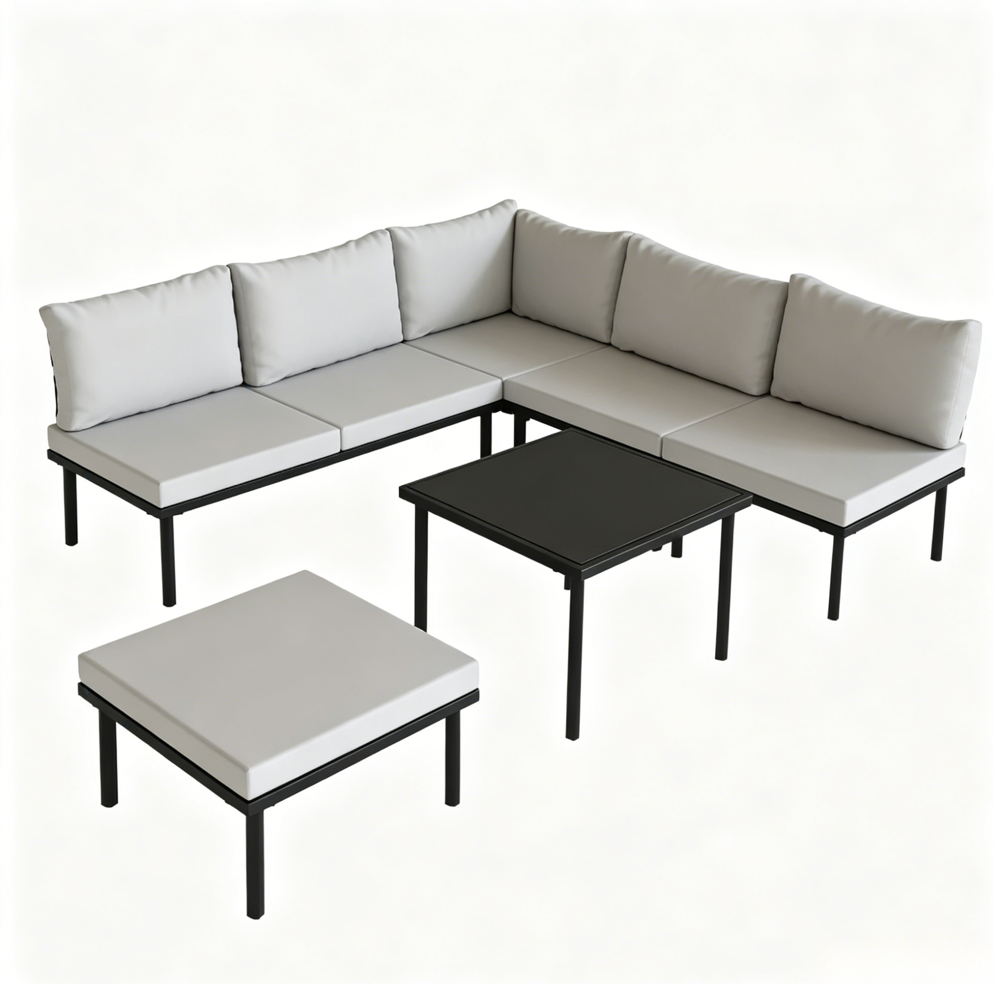 Modulares 6-teiliges Garten-lounge-set Mit Tisch Aus Gehärtetem Glas, Schwarz Und Hellgrau