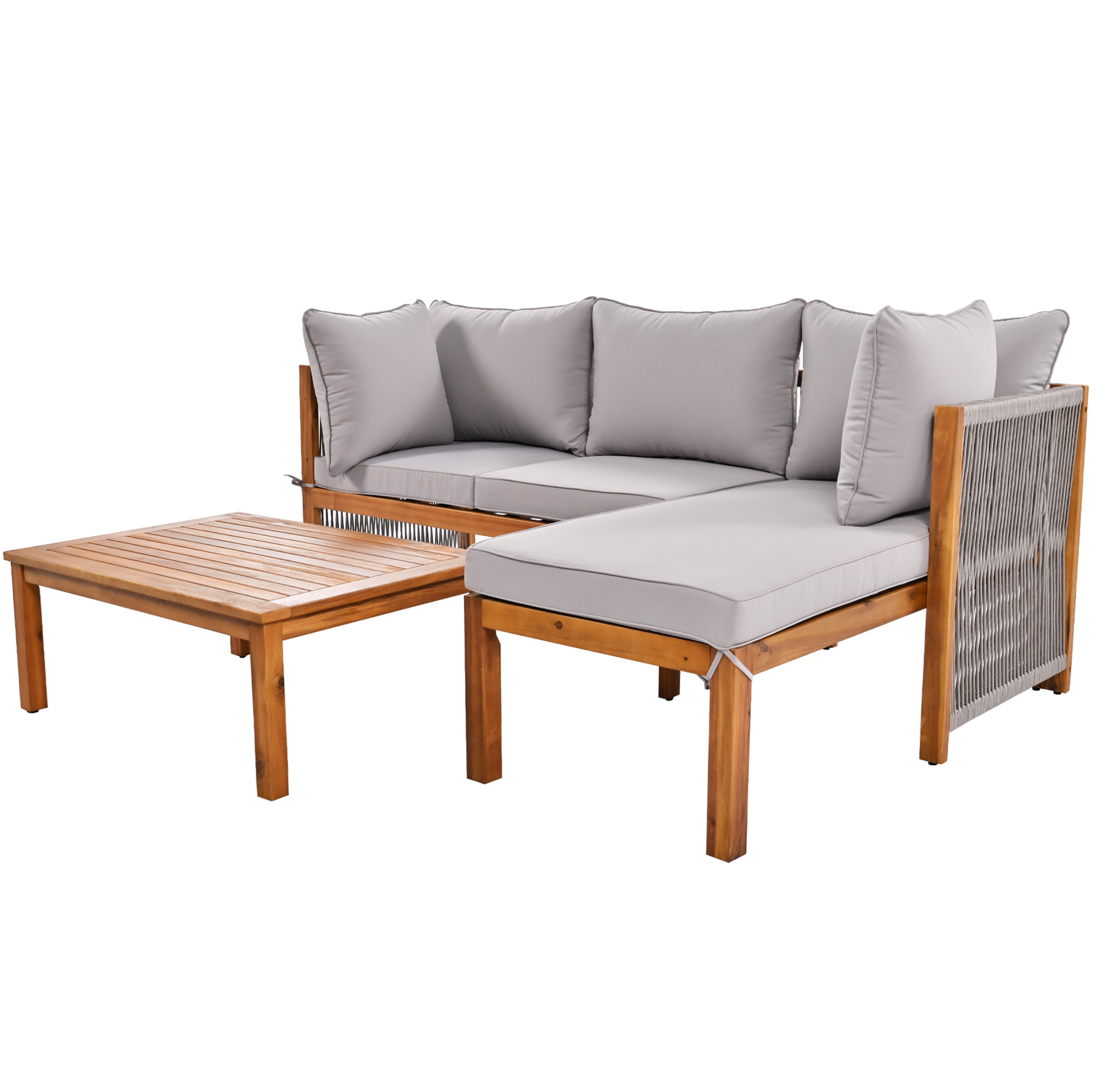3-teiliges Graues Garten-lounge-set Aus Holz Und Seilen Mit Tisch