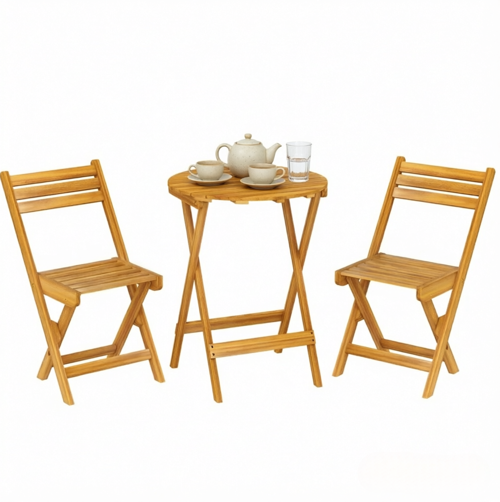 Faltbares Outdoor-bistroset Aus Akazienholz, 3-teilig, Mit Rundem Tisch Und 2 Stühlen