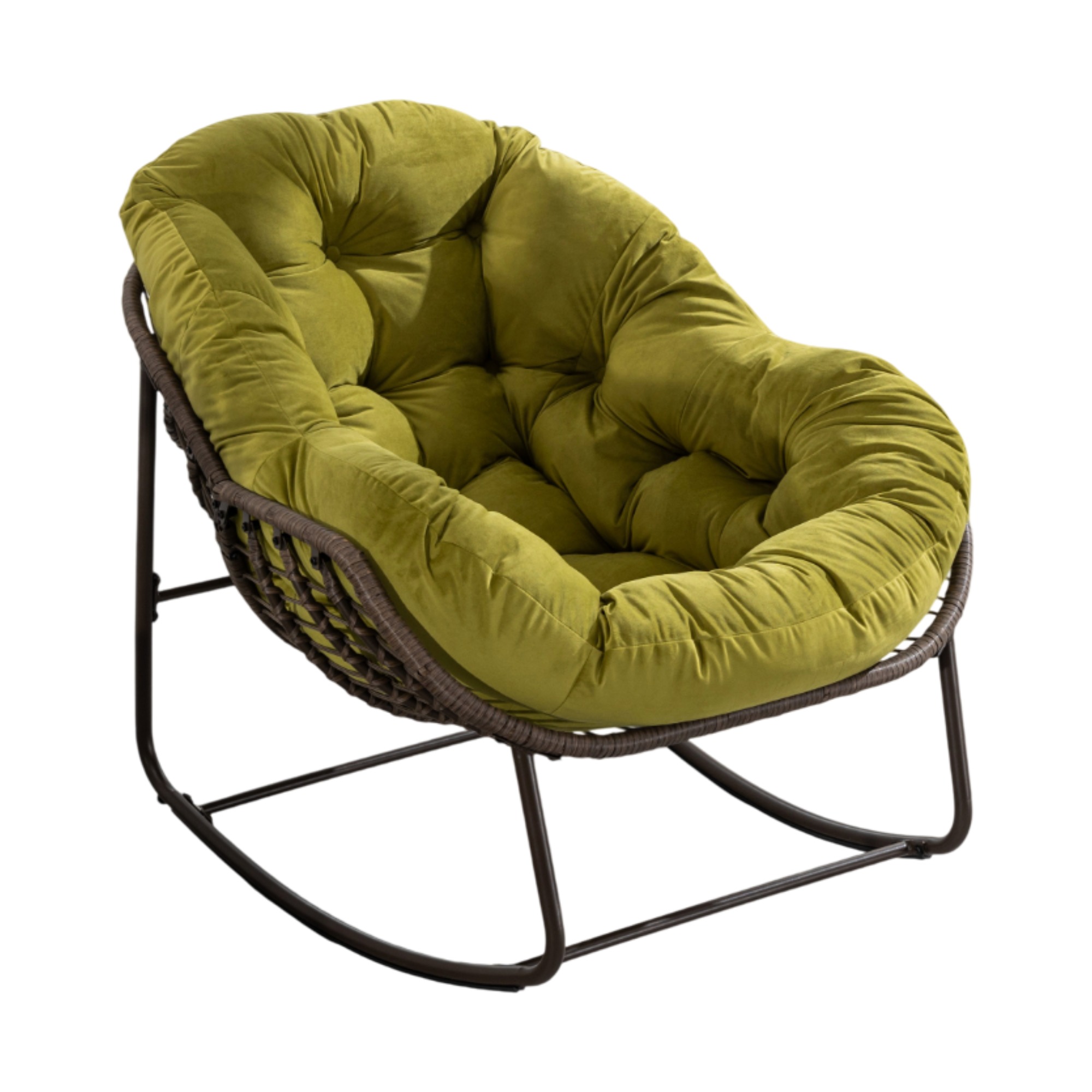Outdoor-schaukelstuhl Aus Kunst-rattan Mit Olivgrünem Kissen, Stahlgestell