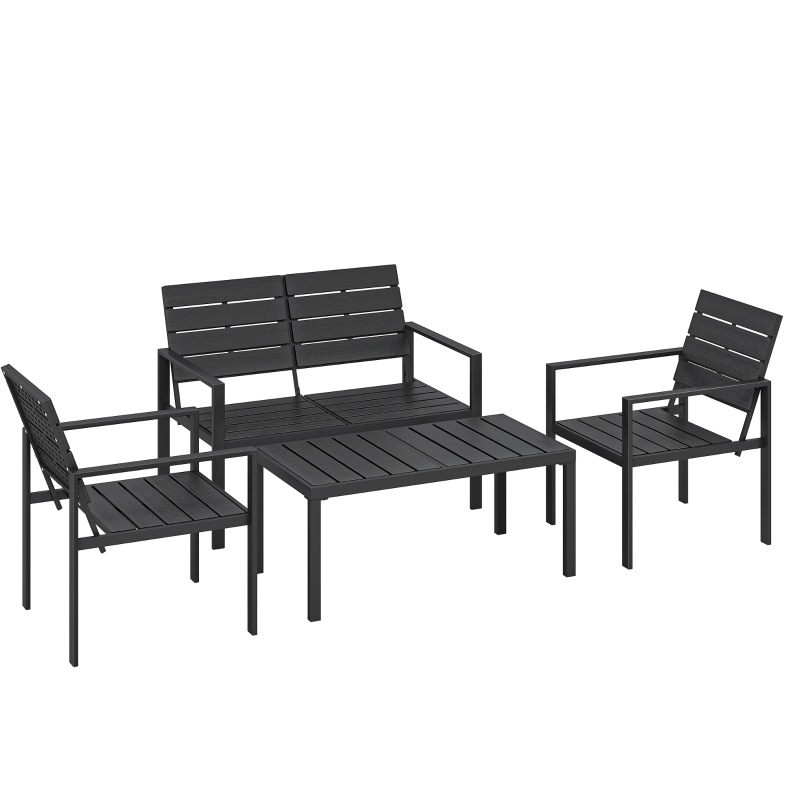 4-sitzer Garten-lounge-set Schwarz Aus Metall Und Hdpe Mit Sofa, 2 Sesseln Und Tisch