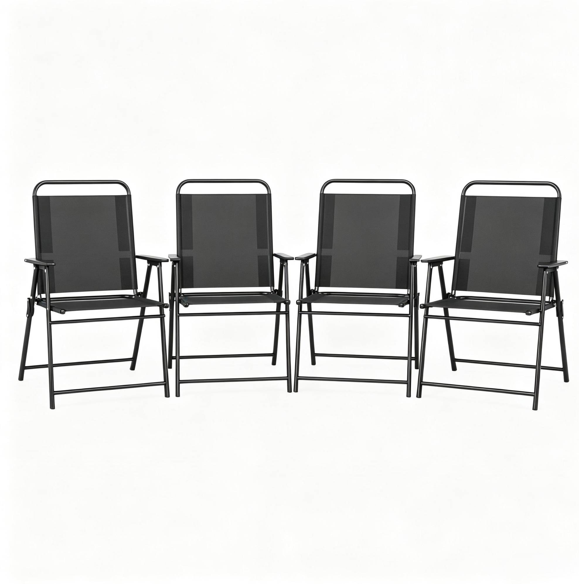 4 Klappbare Outdoor-stühle Aus Stahl Und Textilene, Schwarz, Mit Hoher Rückenlehne Und Armlehnen