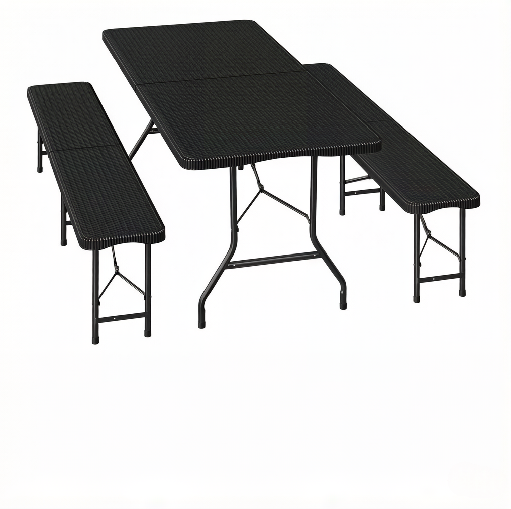 Faltbares Bierzeltgarnitur-set Für Den Garten Aus Hdpe, Schwarz, Mit 2 Bänken