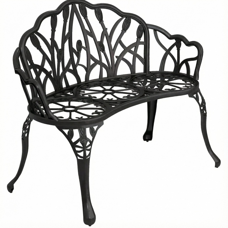 2-sitzer Gartenbank Aus Aluminiumguss, Schwarz, Tulpenrücken, 99x57x78 Cm