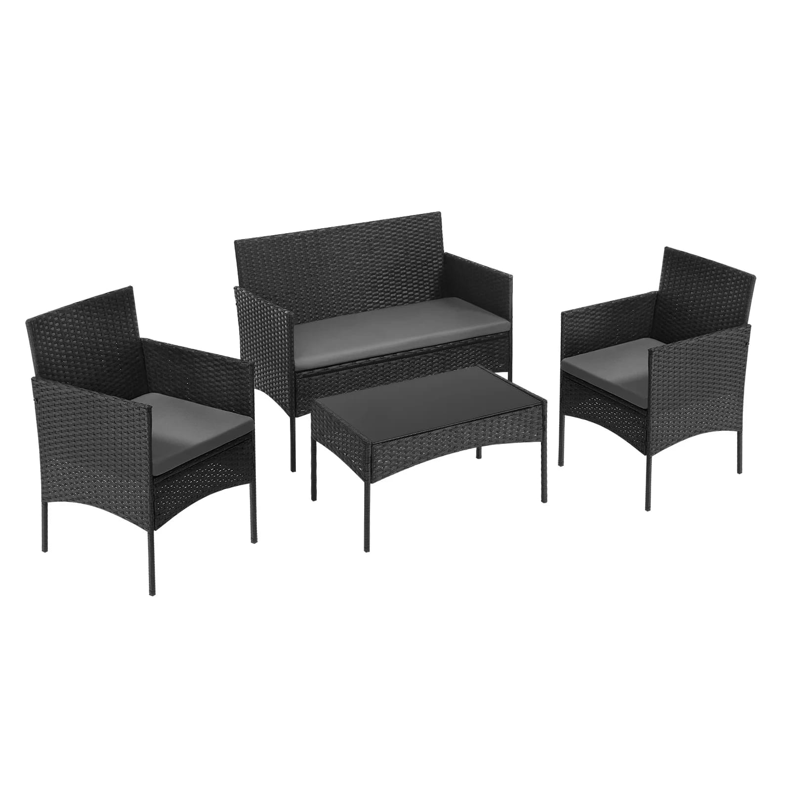 4-teiliges Gartenmöbel-set Aus Schwarzem Pe-rattan Mit Glastisch Modenuit