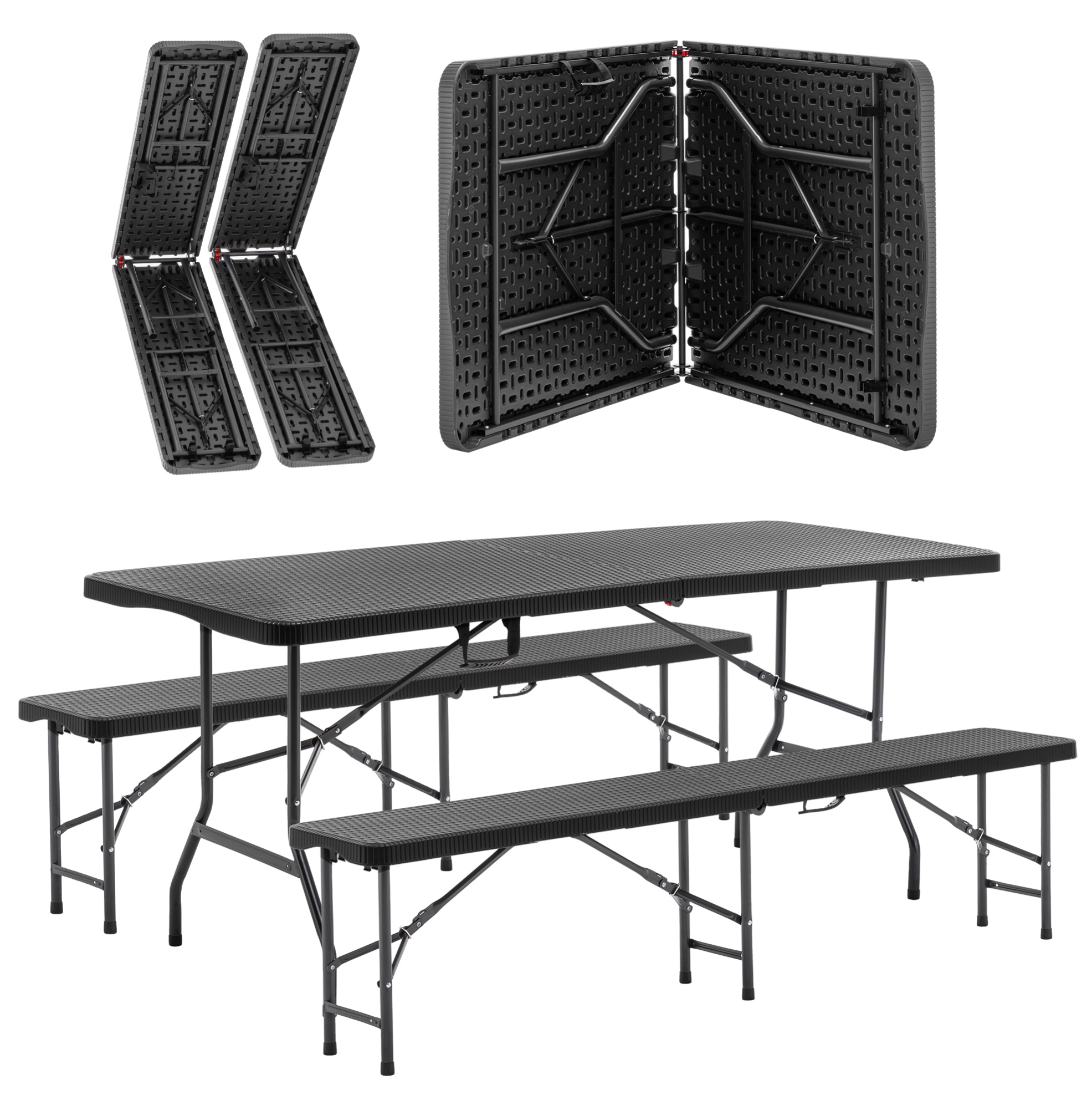 Faltbares Picknicktisch-set 6 Ft Mit 2 Bänken, 3-teilig, Hdpe In Holzoptik, Schwarz