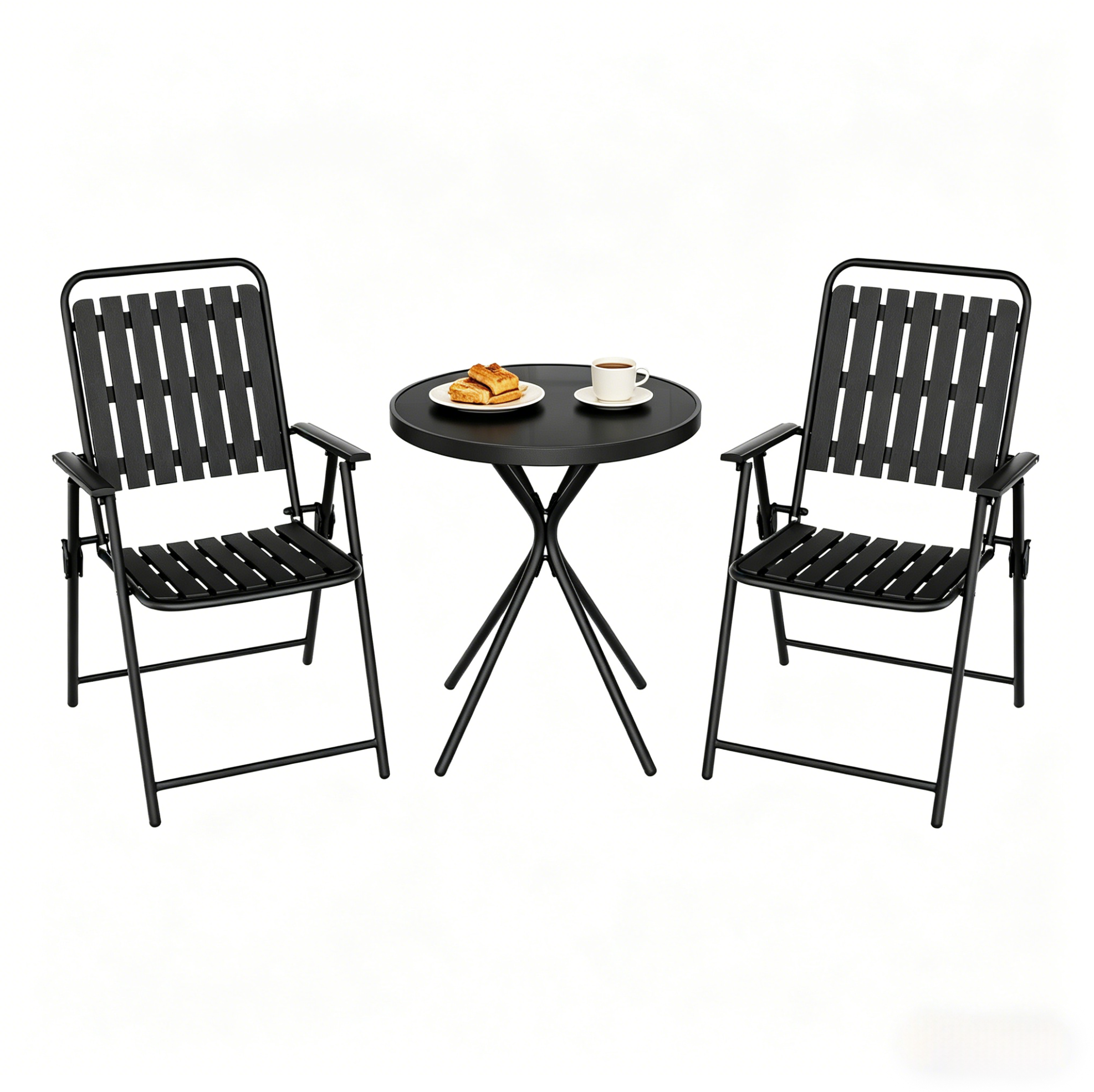 3-teiliges Klappbares Gartenmöbel-set, Schwarz, Eisen, Glas Und Pp, Modenuit