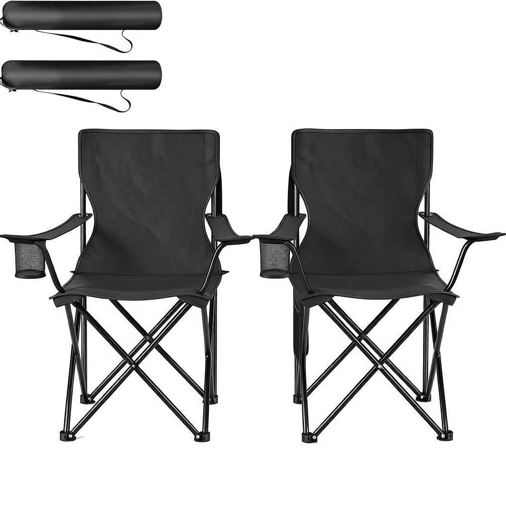 2er-set Faltbare Schwarze Campingstühle Mit Becherhalter Und Netztasche