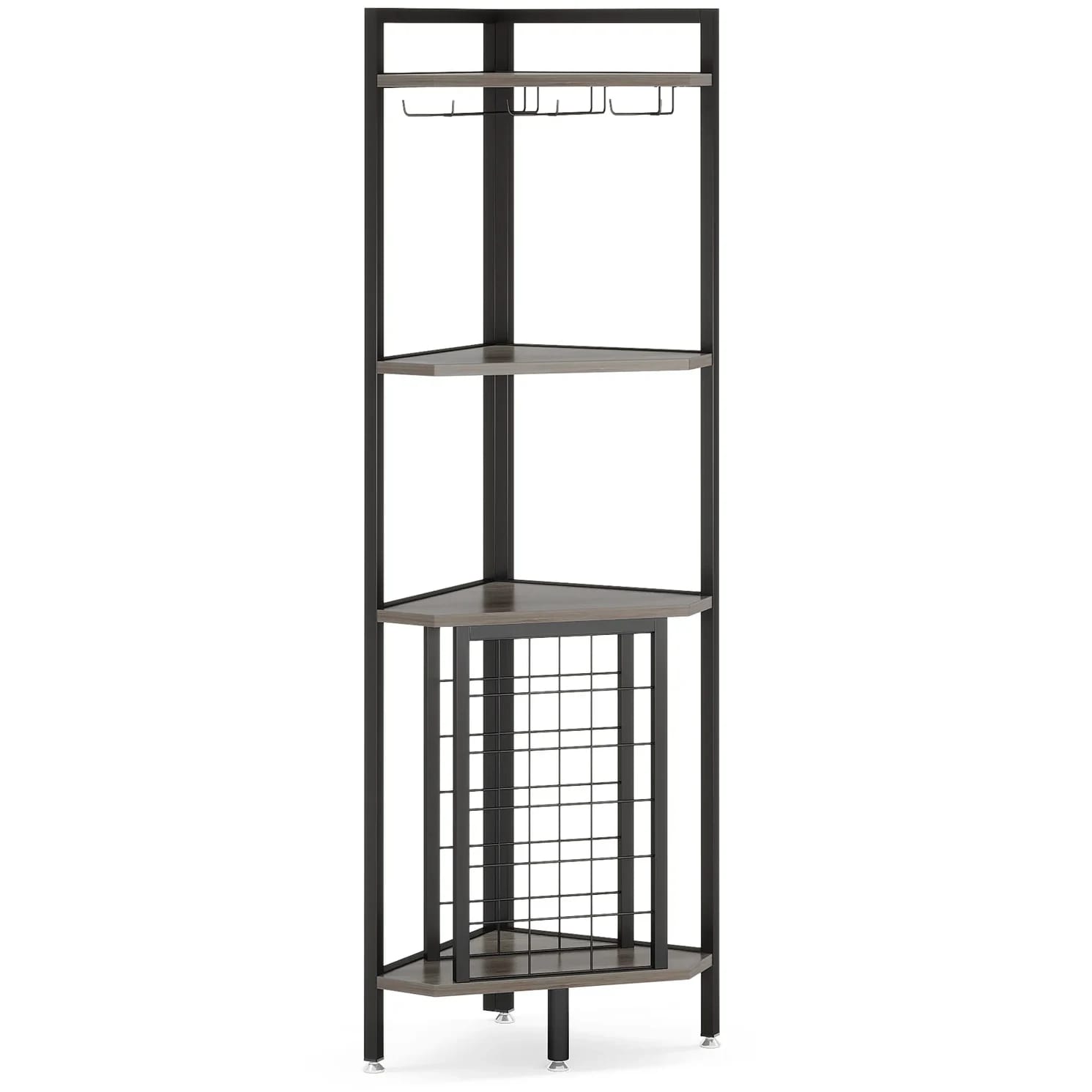 Freistehendes Eck-weinregal, 4 Ebenen Mit Glashaltern, Mdf Und Metall, Grau