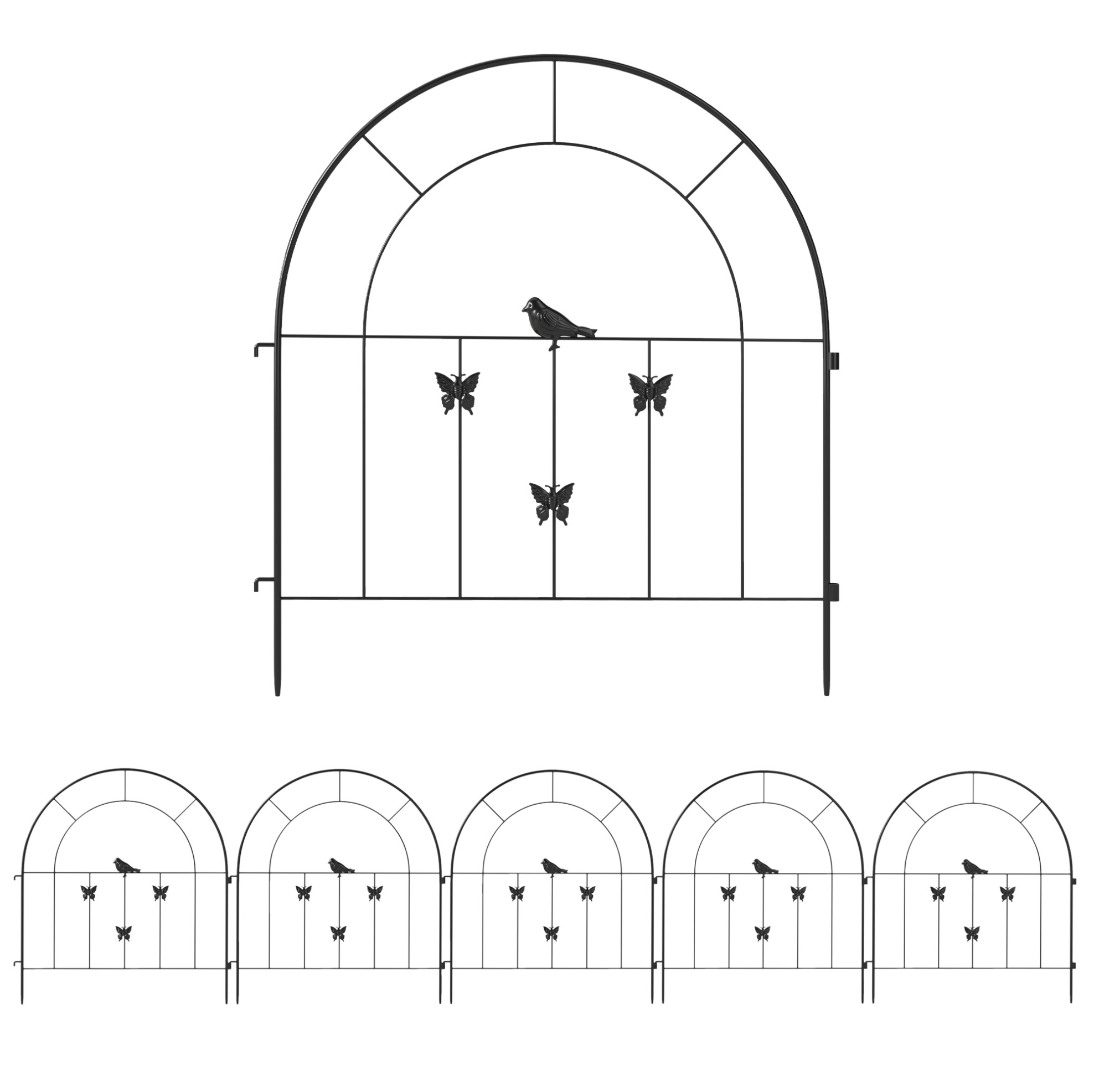 Dekorative Gartenbarriere Aus Schwarzem Stahl 300 X 70 Cm, 5 Paneele, Schmetterlinge Und Vögel