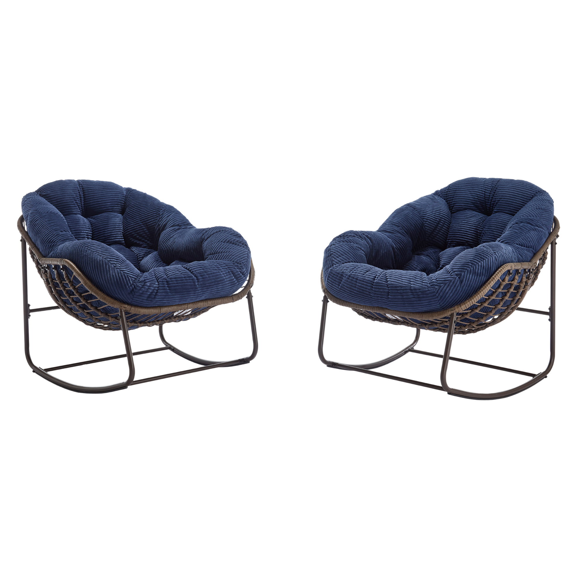 Rattan-schaukelstuhl Für Den Außenbereich Mit Marineblauem Kissen, Stahlgestell, 1 Sitzplatz