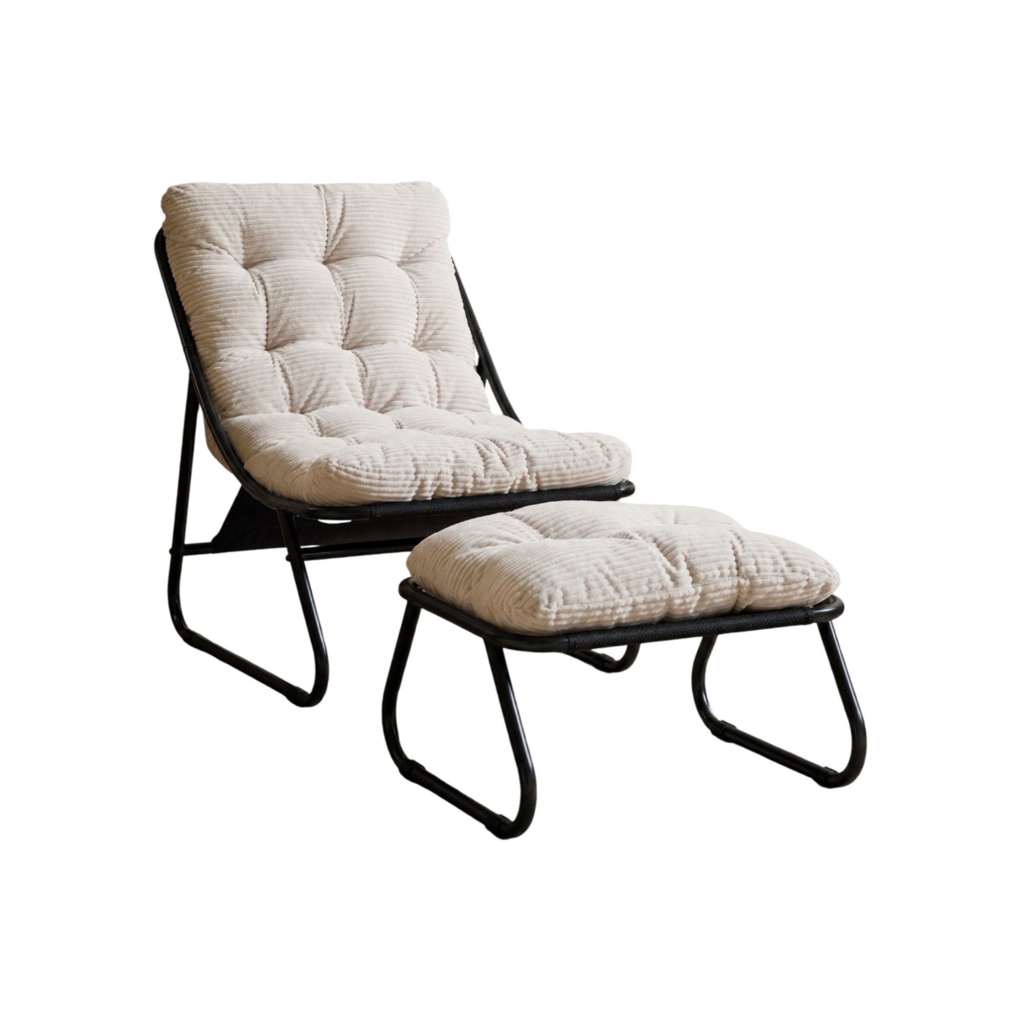 Outdoor-loungesessel Mit Pouf Aus Schwarzem Stahl Und Weißem Kissen