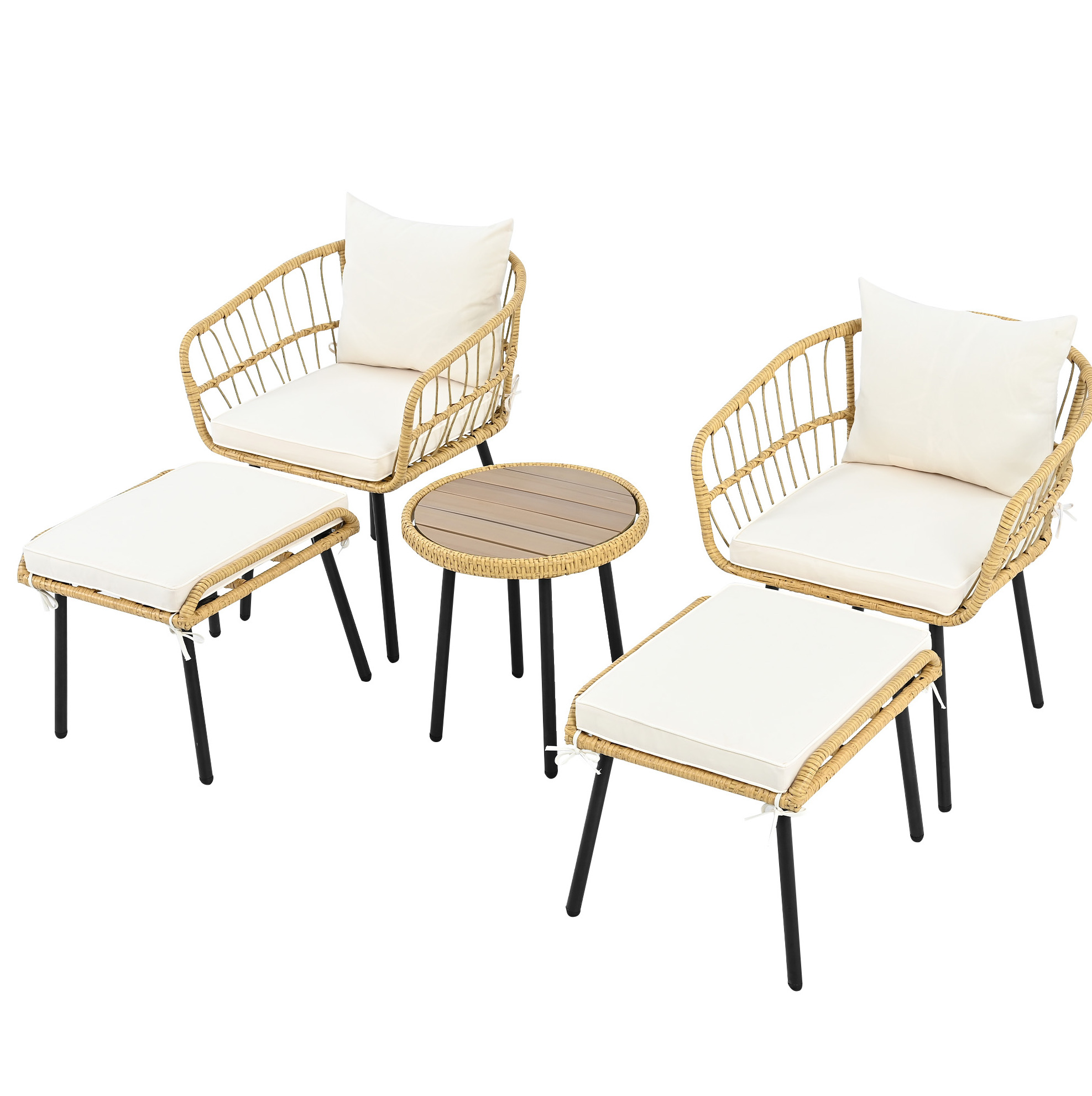 5-teiliges Garten-set Aus Naturweißem Rattan Mit Tisch, 2 Stühlen Und 2 Hockern
