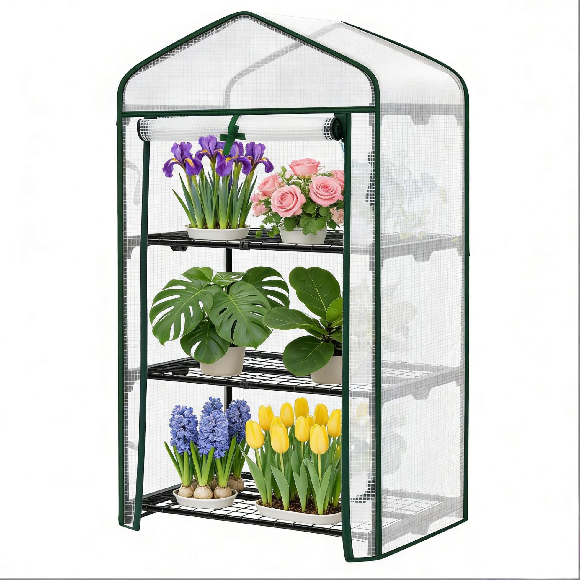 Gewächshaus Für Pflanzen Mit Pe-abdeckung 69 X 49 X 125 Cm, 3 Metallregale, Modenuit