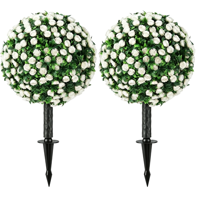 2er-set Uv-künstliche Rosenkugeln Für Außen, 55 Cm, Weiß, Mit Erdspieß, Modenuit