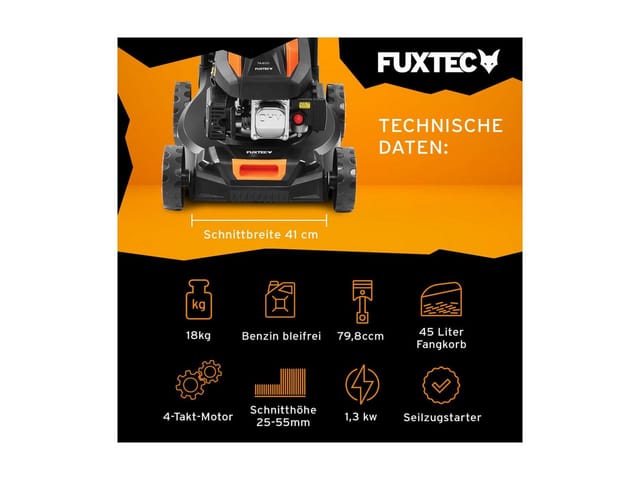 Fuxtec - Benzin Rasenmäher 2PS Leistung und nur 18kg Gewicht, 40cm Schnittbreite & 3-stufige Schnitthöhenverstellung 25-55mm mit Hubraum 80ccm,