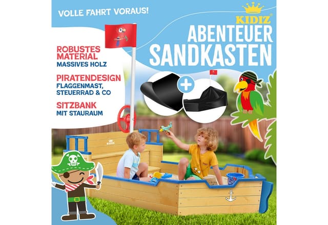 Sandkasten Ahoi - Piratenschiff Boot Segelschiff aus Holz Inkl. Abdeckung Bodenplane Sitzbank Flaggenmast Sandspielzeug Blau - Kidiz