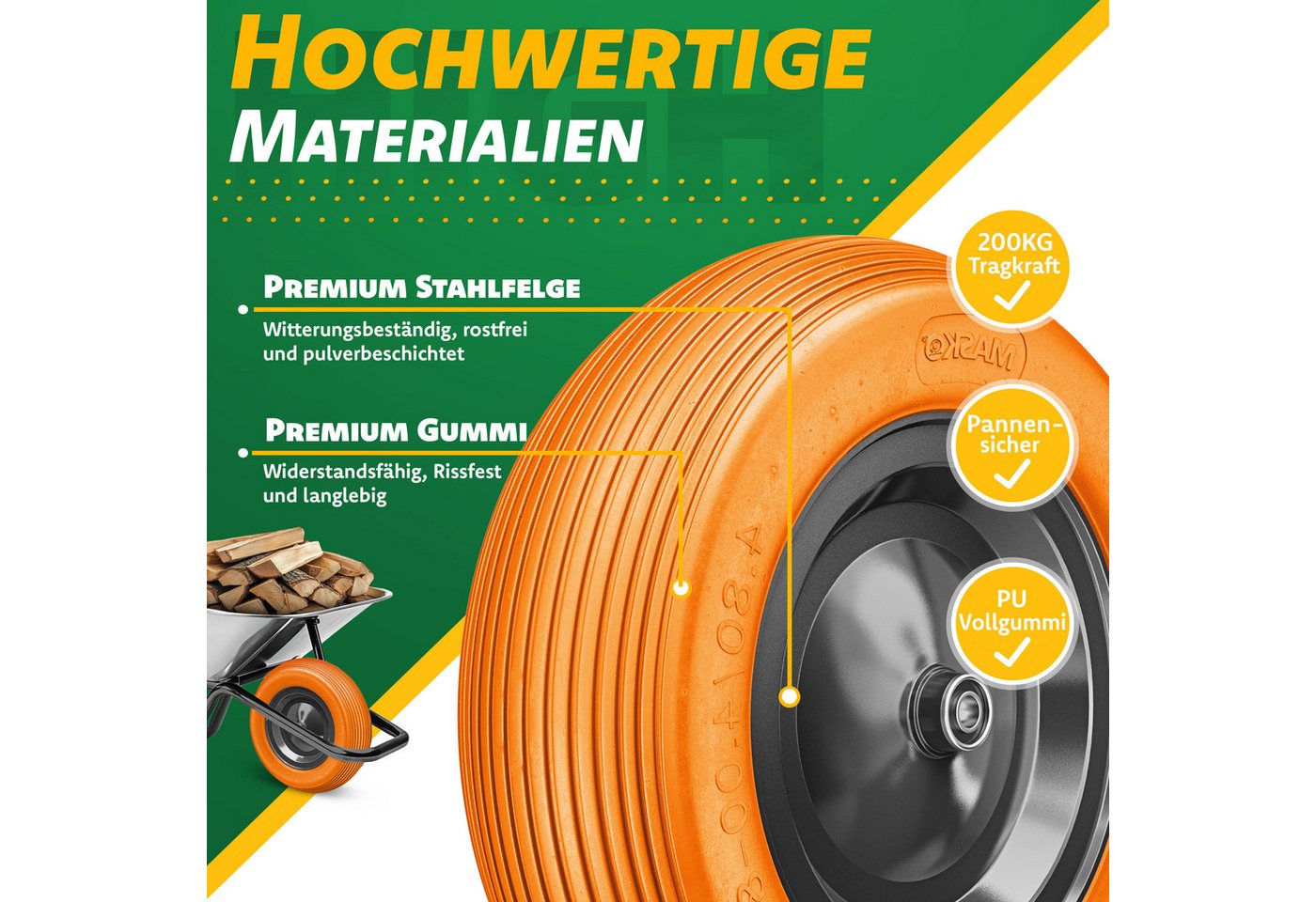 Pu Schubkarrenrad Vollgummi 200 Kg Pannensicher 4.80/4.00-8 Ø 390mm Inkl. Achse Ersatzrad Gummirad Stahlfelge Reifen Pannensicher Für Schubkarre Orange / Schwarz - Masko