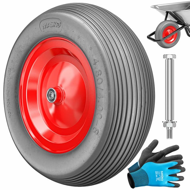 Pu Schubkarrenrad Vollgummi 200 Kg Pannensicher 4.80/4.00-8 Ø 390mm Inkl. Achse Ersatzrad Gummirad Stahlfelge Reifen Pannensicher Für Schubkarre Rot/grau - Masko