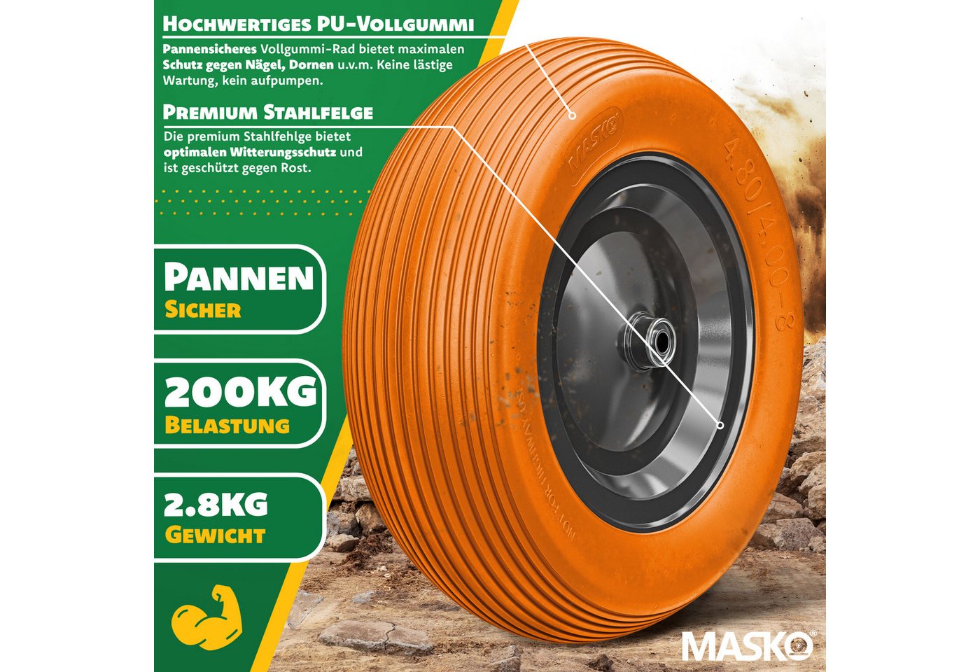 Pu Schubkarrenrad Vollgummi 200 Kg Pannensicher 4.80/4.00-8 Ø 390mm Inkl. Achse Ersatzrad Gummirad Stahlfelge Reifen Pannensicher Für Schubkarre Orange / Schwarz - Masko Bild 2