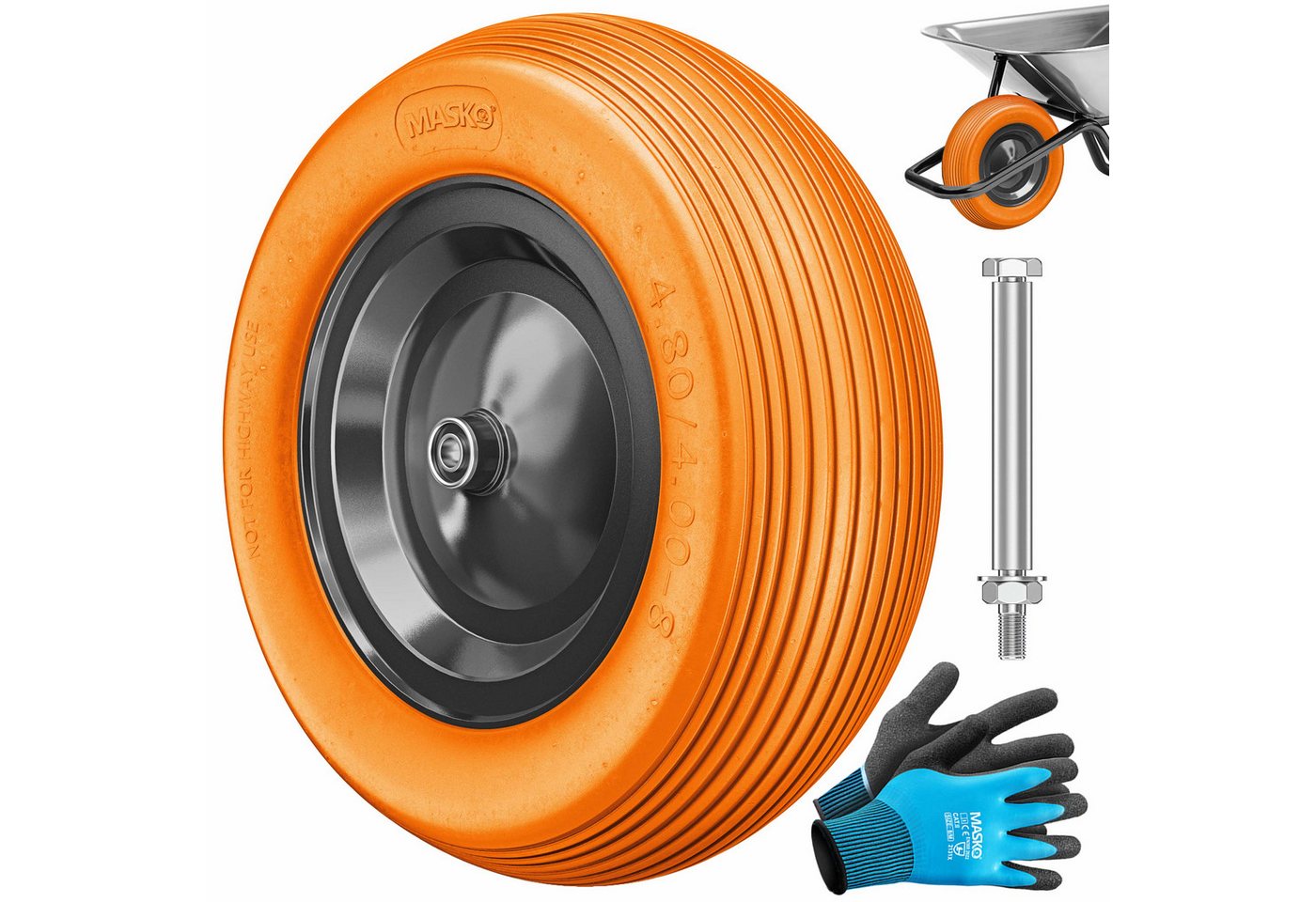 Pu Schubkarrenrad Vollgummi 200 Kg Pannensicher 4.80/4.00-8 Ø 390mm Inkl. Achse Ersatzrad Gummirad Stahlfelge Reifen Pannensicher Für Schubkarre Orange / Schwarz - Masko Bild 3