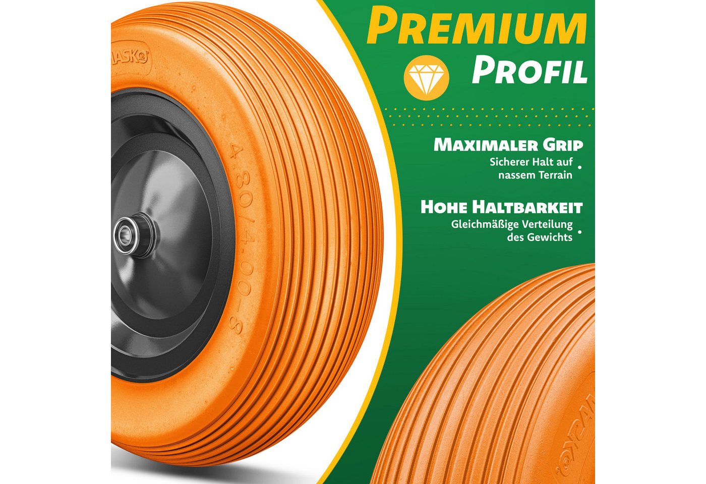 Pu Schubkarrenrad Vollgummi 200 Kg Pannensicher 4.80/4.00-8 Ø 390mm Inkl. Achse Ersatzrad Gummirad Stahlfelge Reifen Pannensicher Für Schubkarre Orange / Schwarz - Masko Bild 4