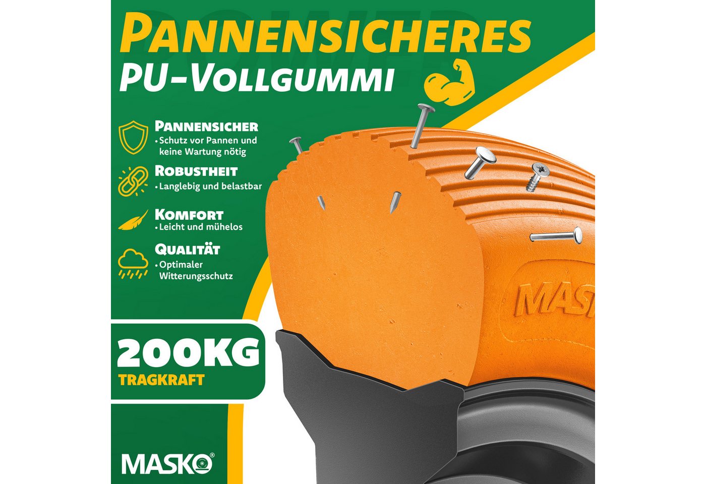 Pu Schubkarrenrad Vollgummi 200 Kg Pannensicher 4.80/4.00-8 Ø 390mm Inkl. Achse Ersatzrad Gummirad Stahlfelge Reifen Pannensicher Für Schubkarre Orange / Schwarz - Masko Bild 5