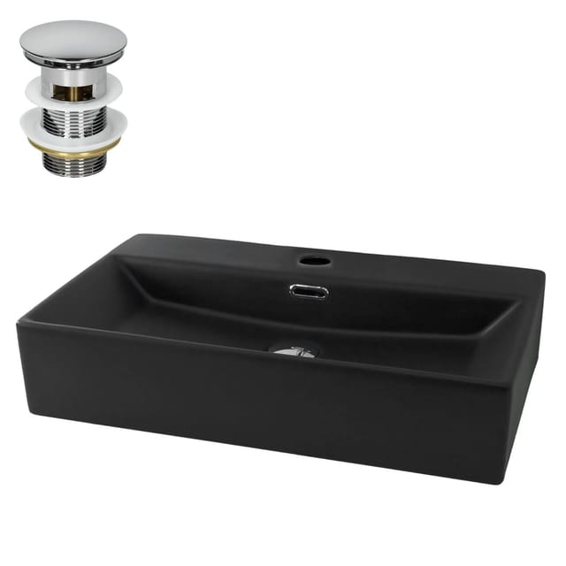 Luxebath - ML-Design Waschbecken aus Keramik in Schwarz matt 605x365x130mm inkl. Ablaufgarnitur, Eckige Aufsatzwaschbecken mit Überlauf, Moderne