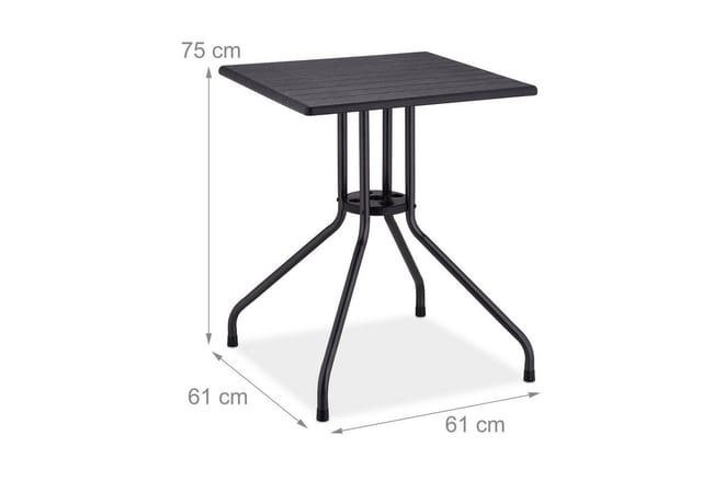 Relaxdays Gartentisch, HBT: 75x61x61 cm, Balkontisch Holzoptik, Kunststoff, Metall, Terrassentisch quadratisch, schwarz